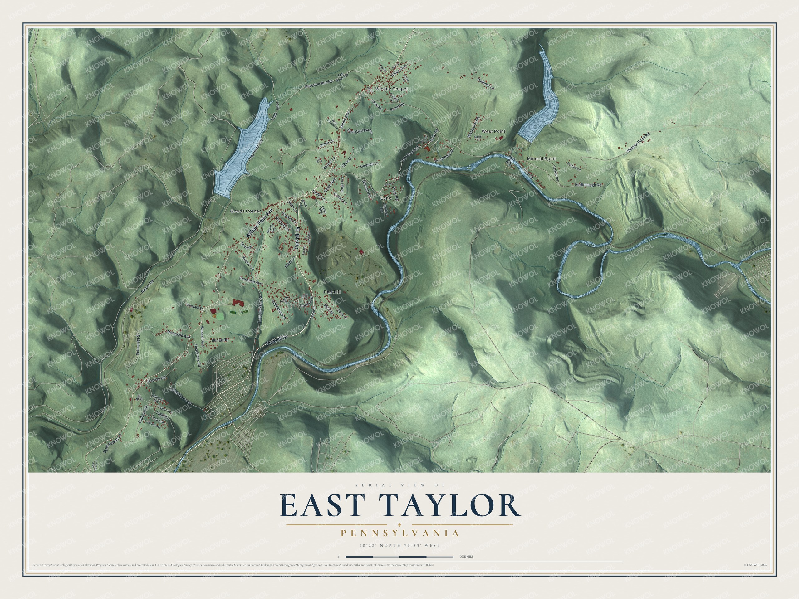 Aerial map of East Taylor, Pennsylvania with green hills, a winding blue river, two long lakes and red buildings along the roads