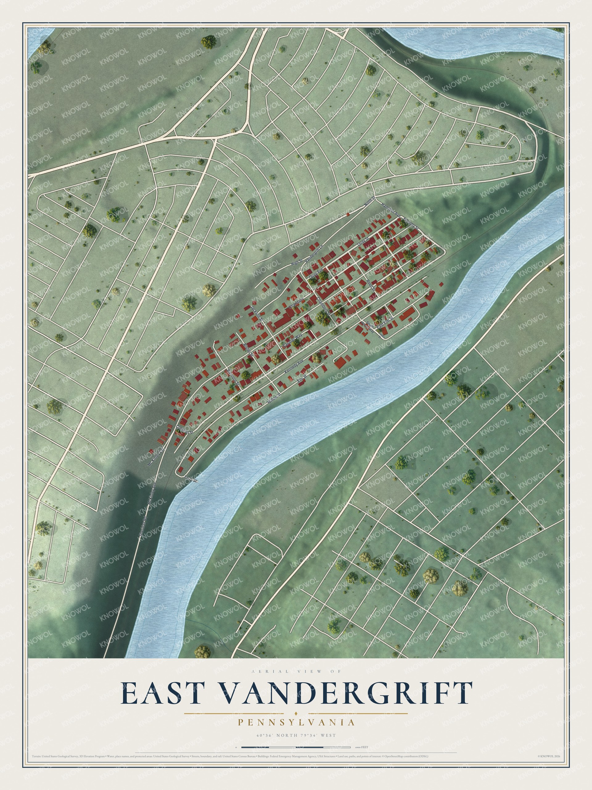 Full map of East Vandergrift, Pennsylvania, with red buildings, printed street names and the land around them