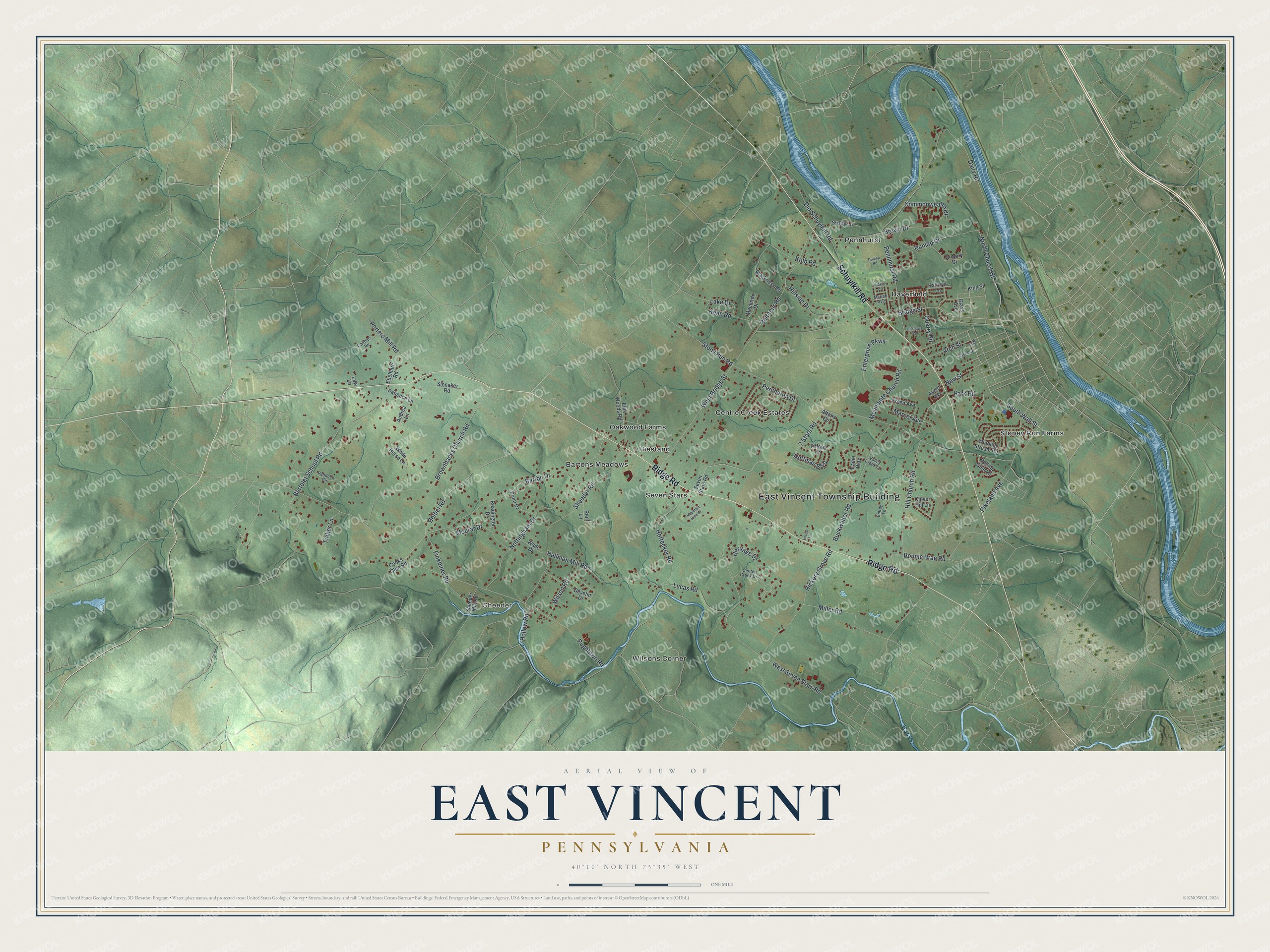 Full map of East Vincent, Pennsylvania, with red buildings, printed street names and the land around them