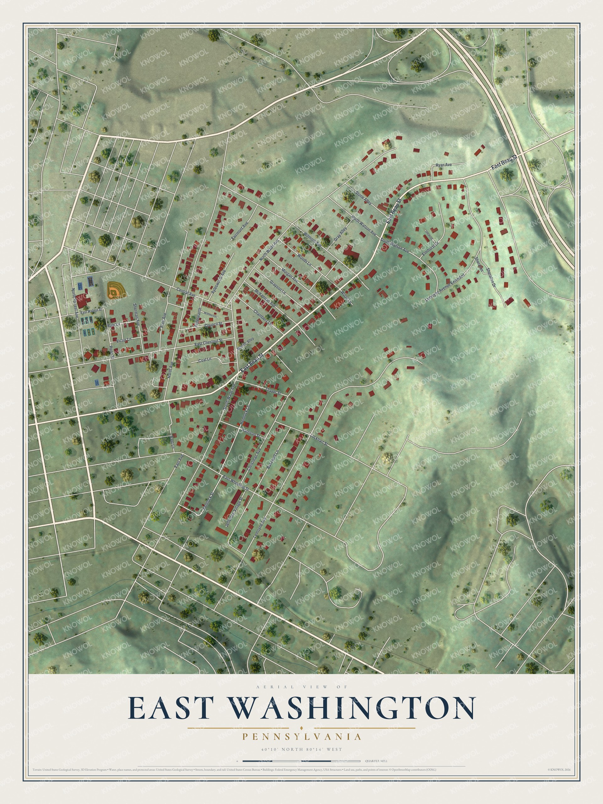 Full map of East Washington, Pennsylvania, with red buildings, printed street names and the land around them
