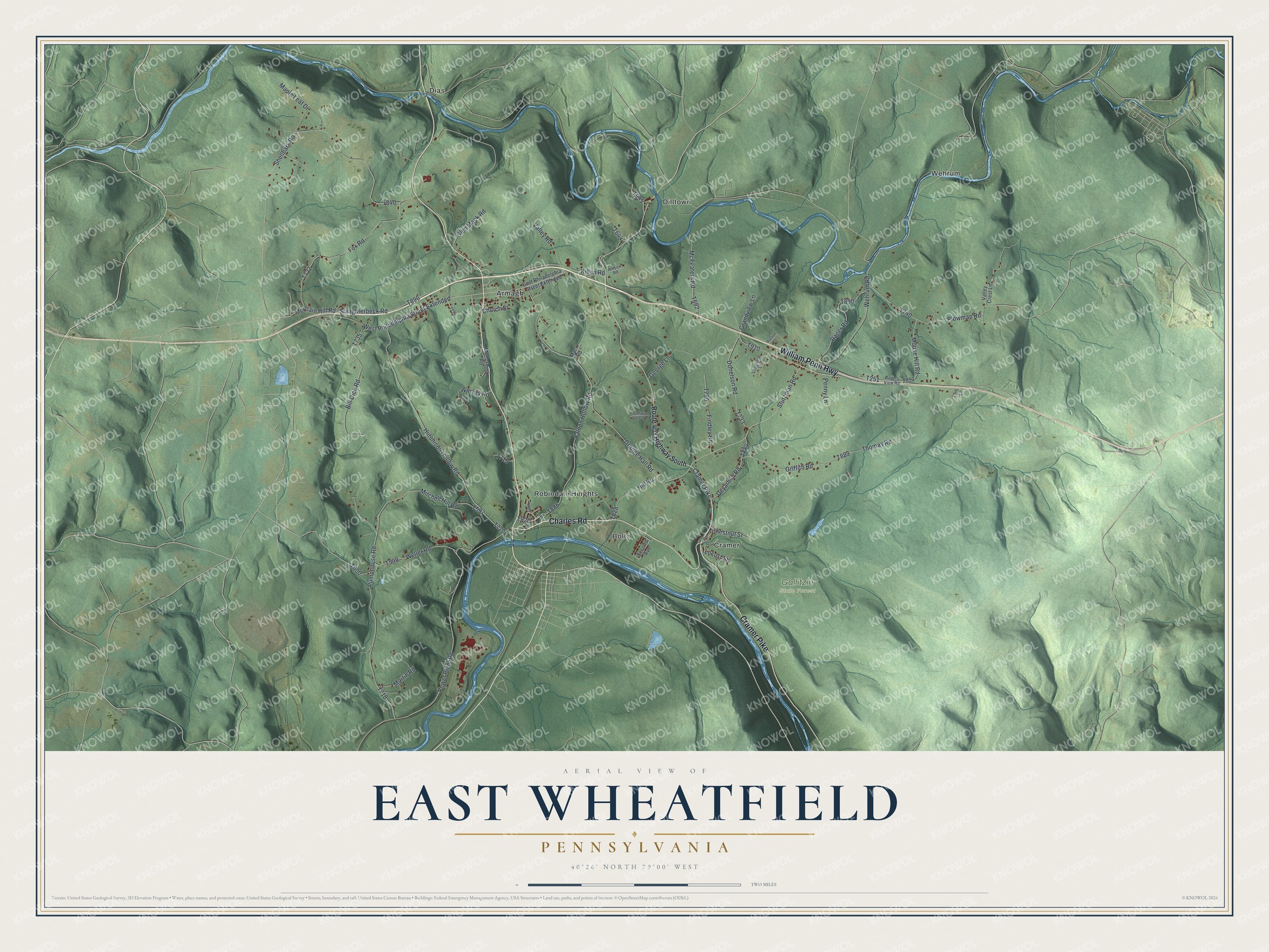 Full map of East Wheatfield, Pennsylvania, with red buildings, printed street names and the land around them