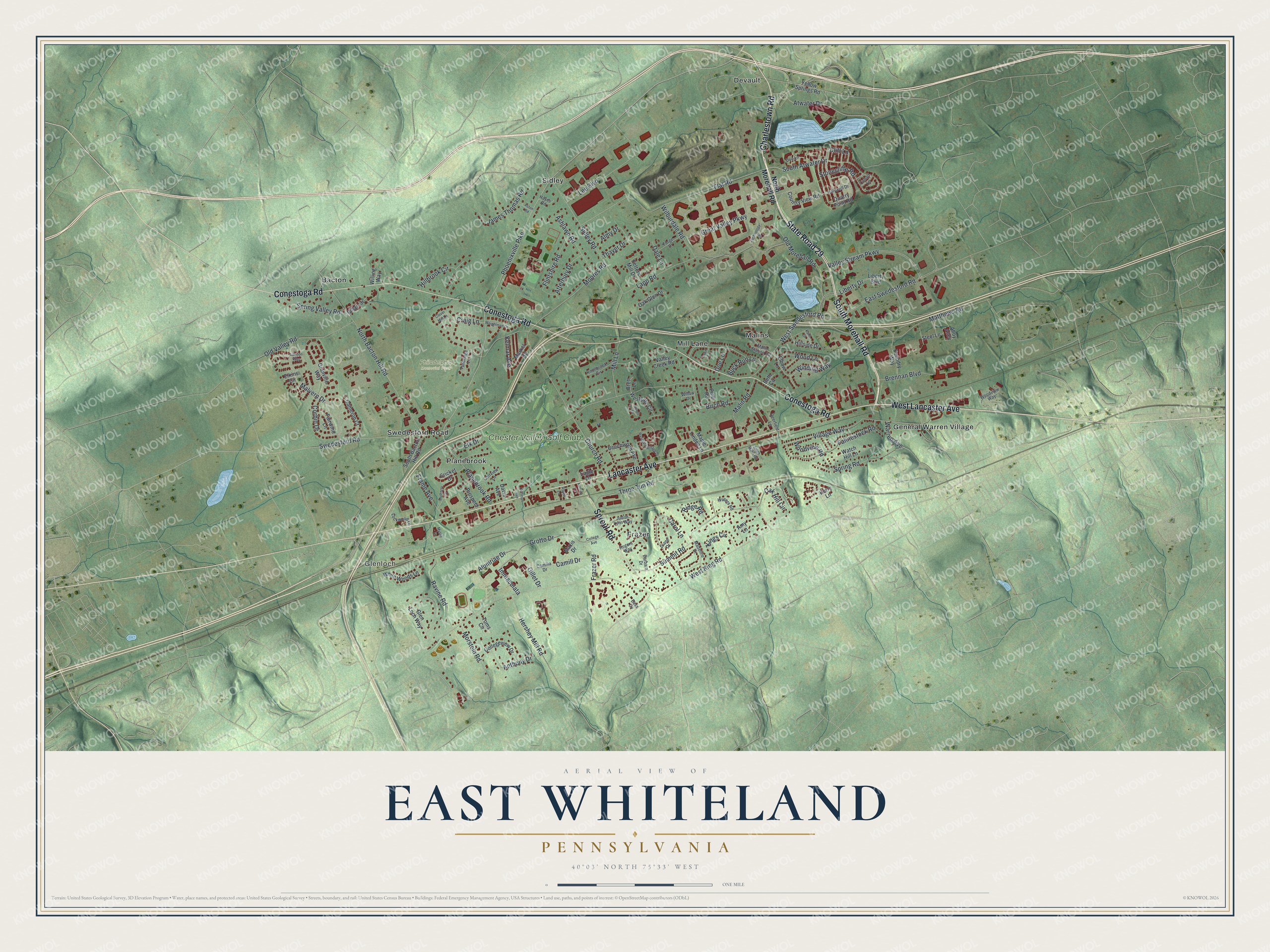 Full map of East Whiteland, Pennsylvania, with red buildings, printed street names and the land around them
