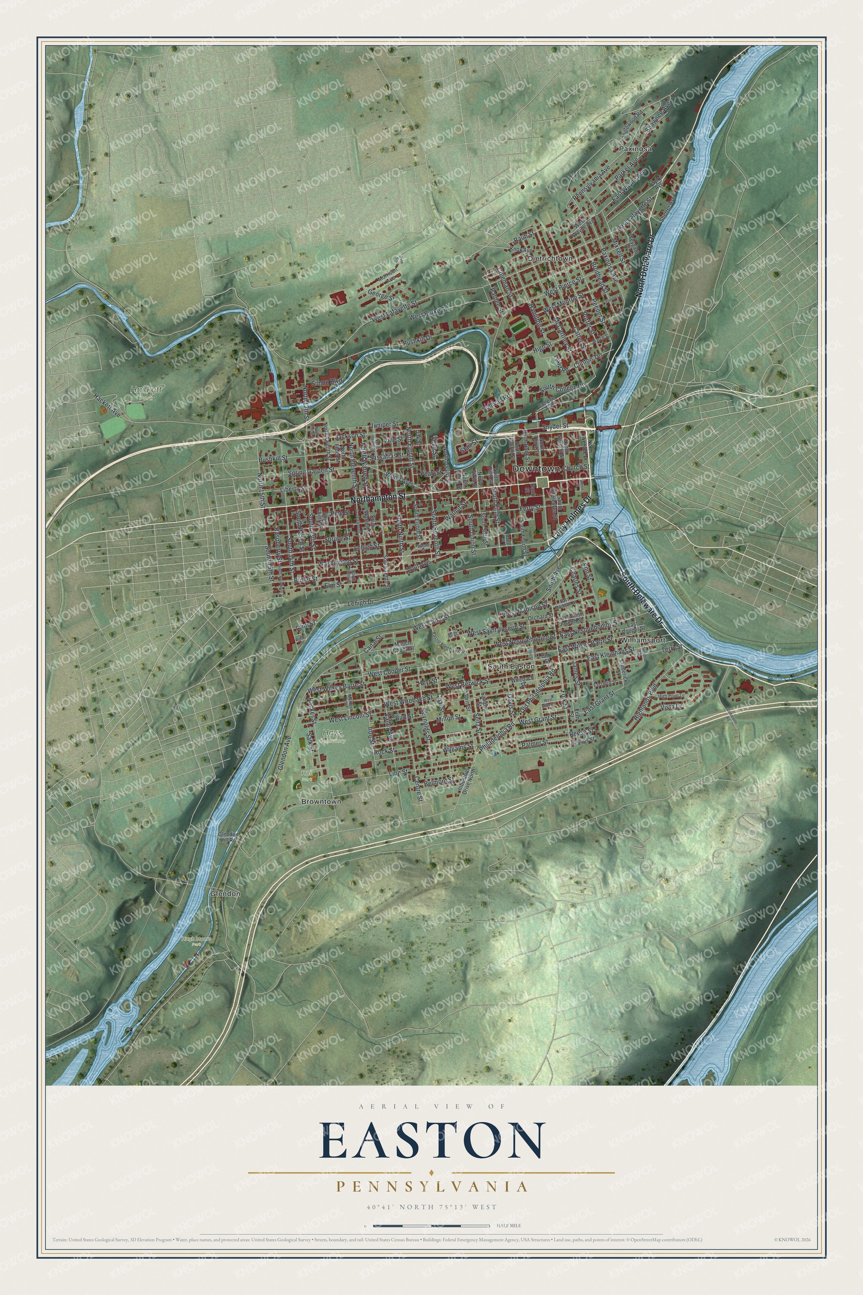 Aerial-style map of Easton, Pennsylvania, with red buildings along two blue rivers that meet beside Downtown and green hills all around