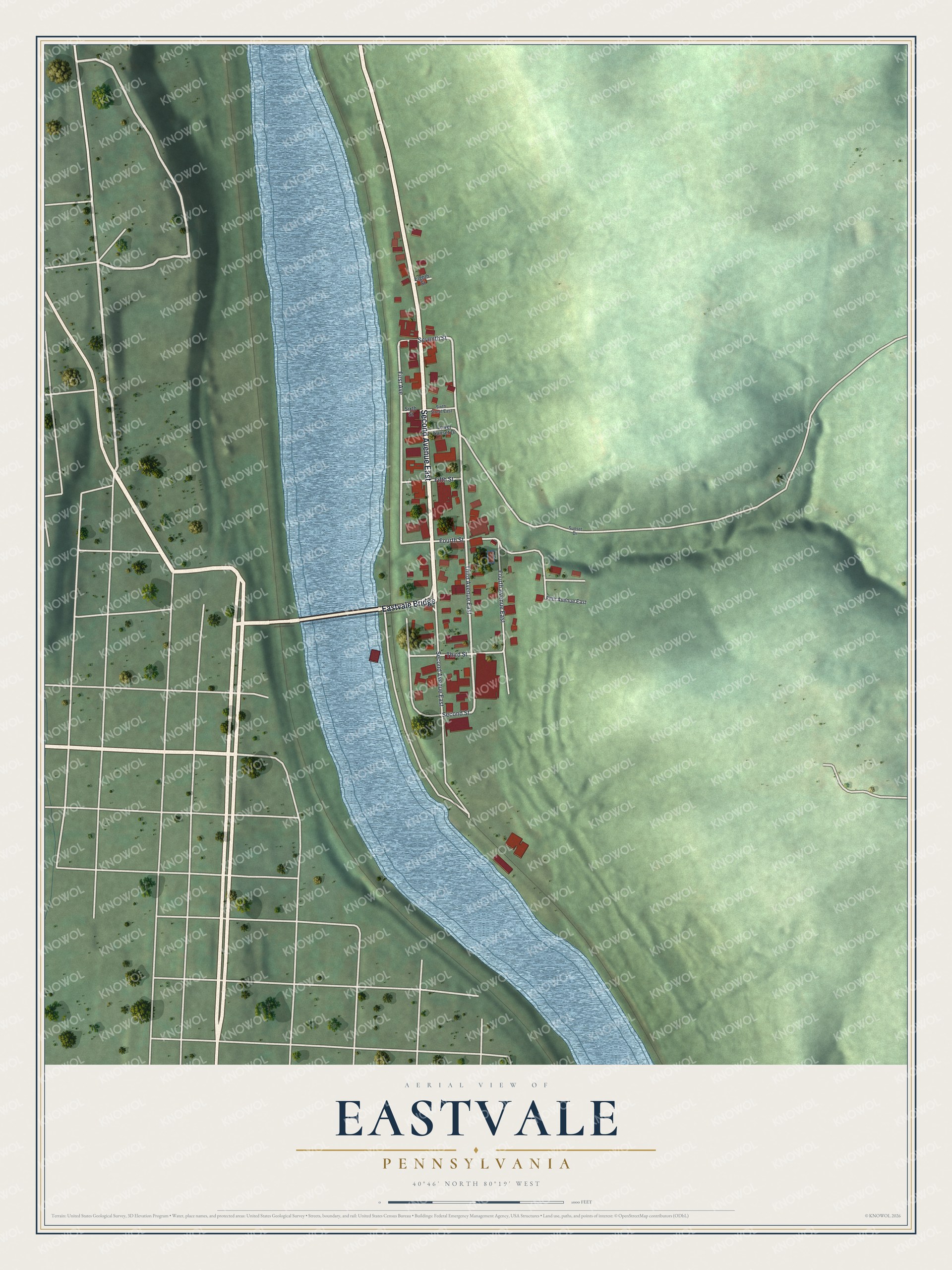 Full map of Eastvale, Pennsylvania, with red buildings, printed street names and the land around them
