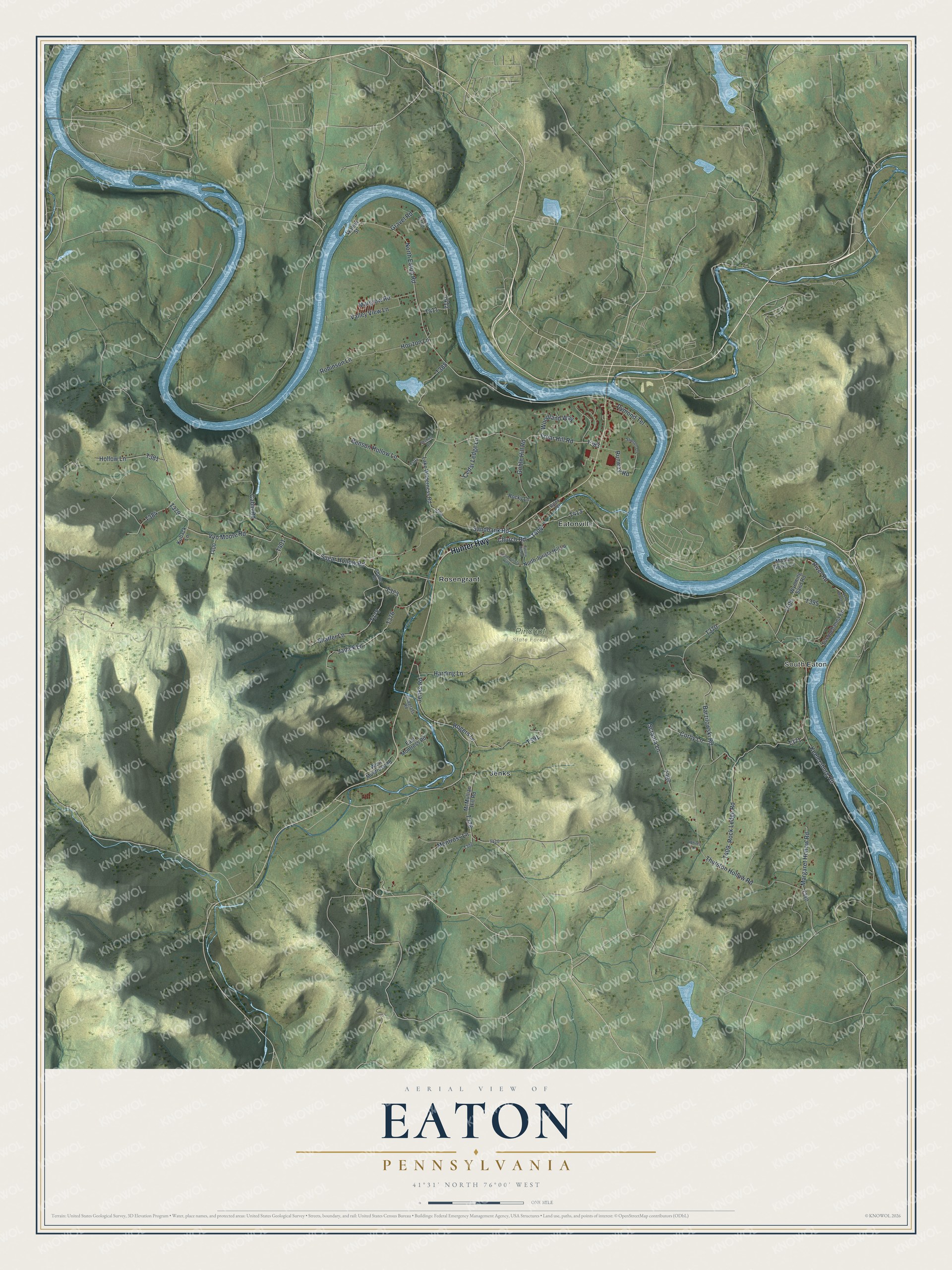 Full map of Eaton, Pennsylvania, with red buildings, printed street names and the land around them