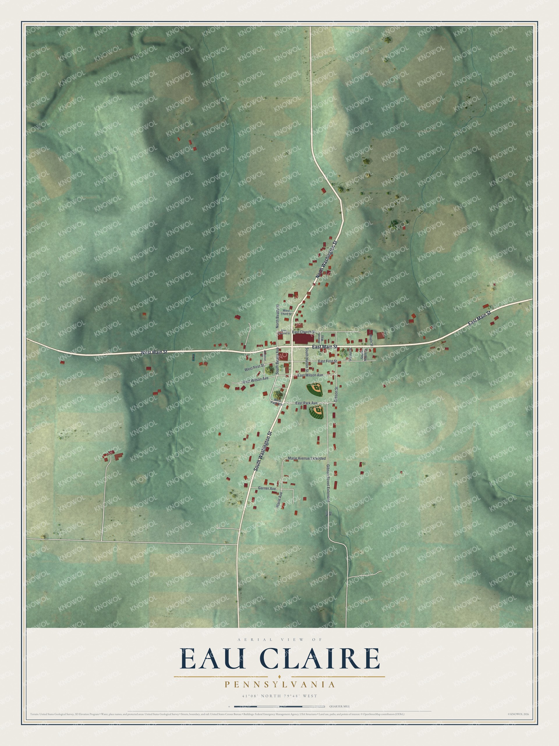 Full map of Eau Claire, Pennsylvania, with red buildings, printed street names and the land around them
