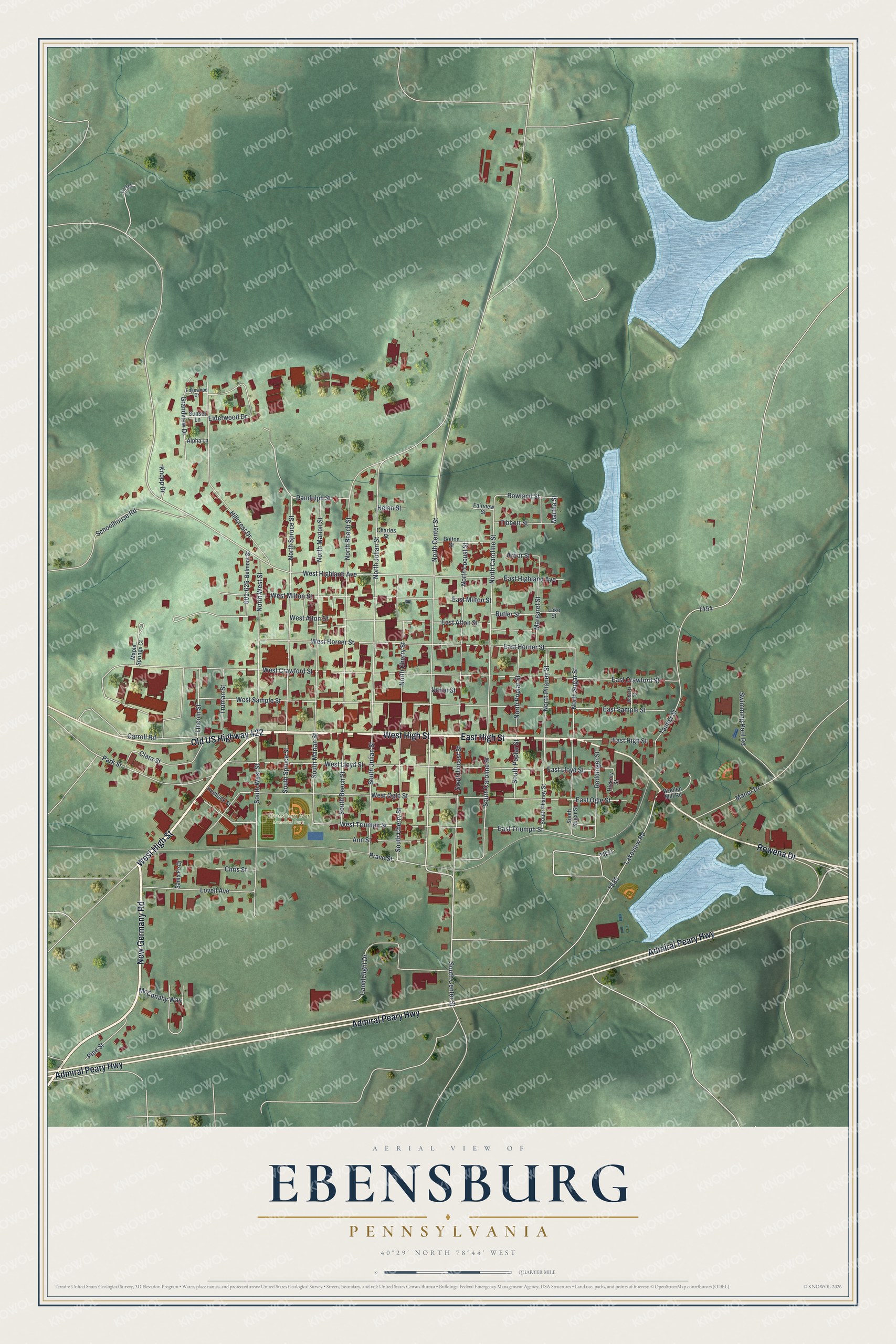 Full map of Ebensburg, Pennsylvania, with red buildings, printed street names and the land around them