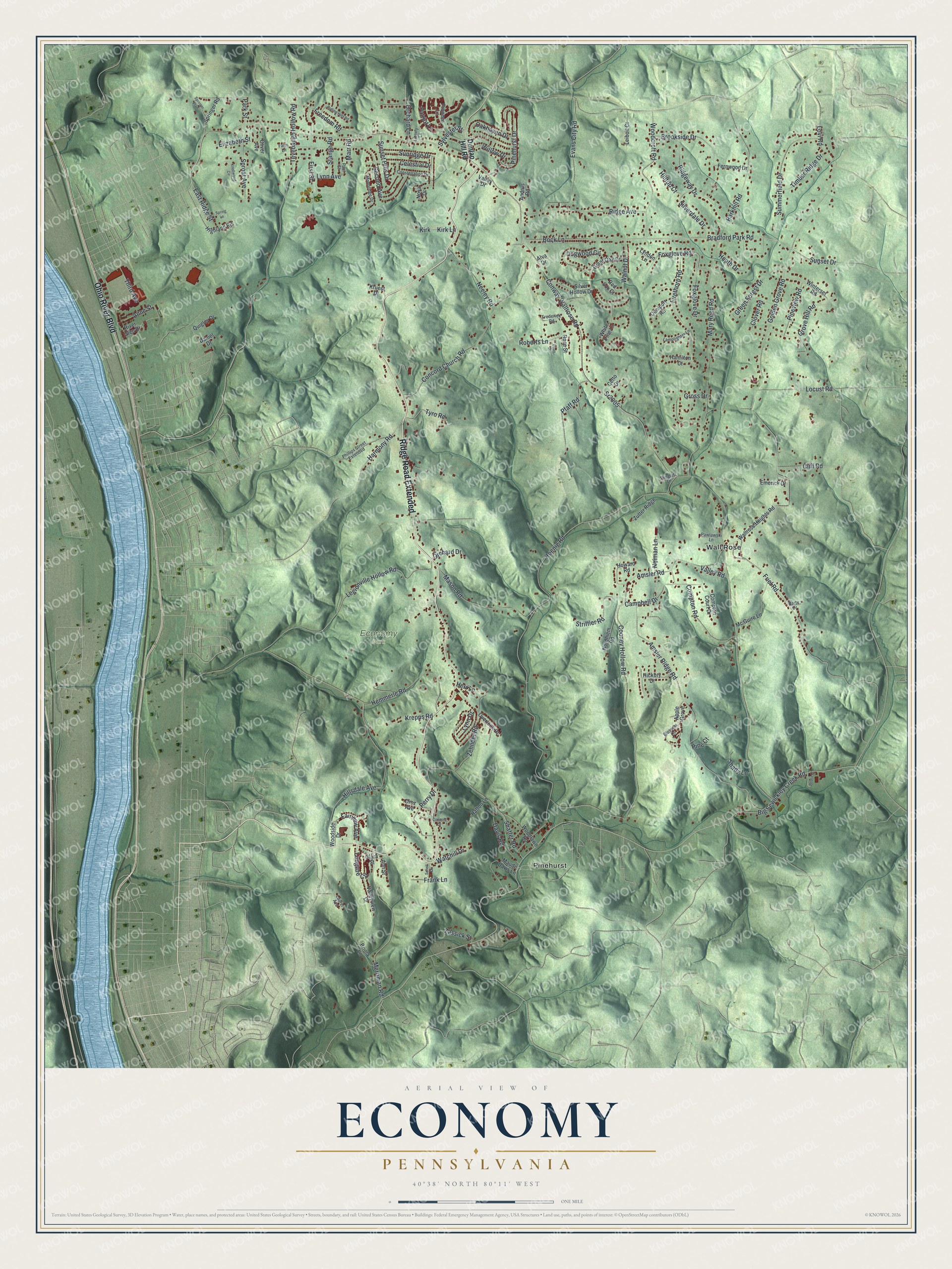 Full map of Economy, Pennsylvania, with red buildings, printed street names and the land around them