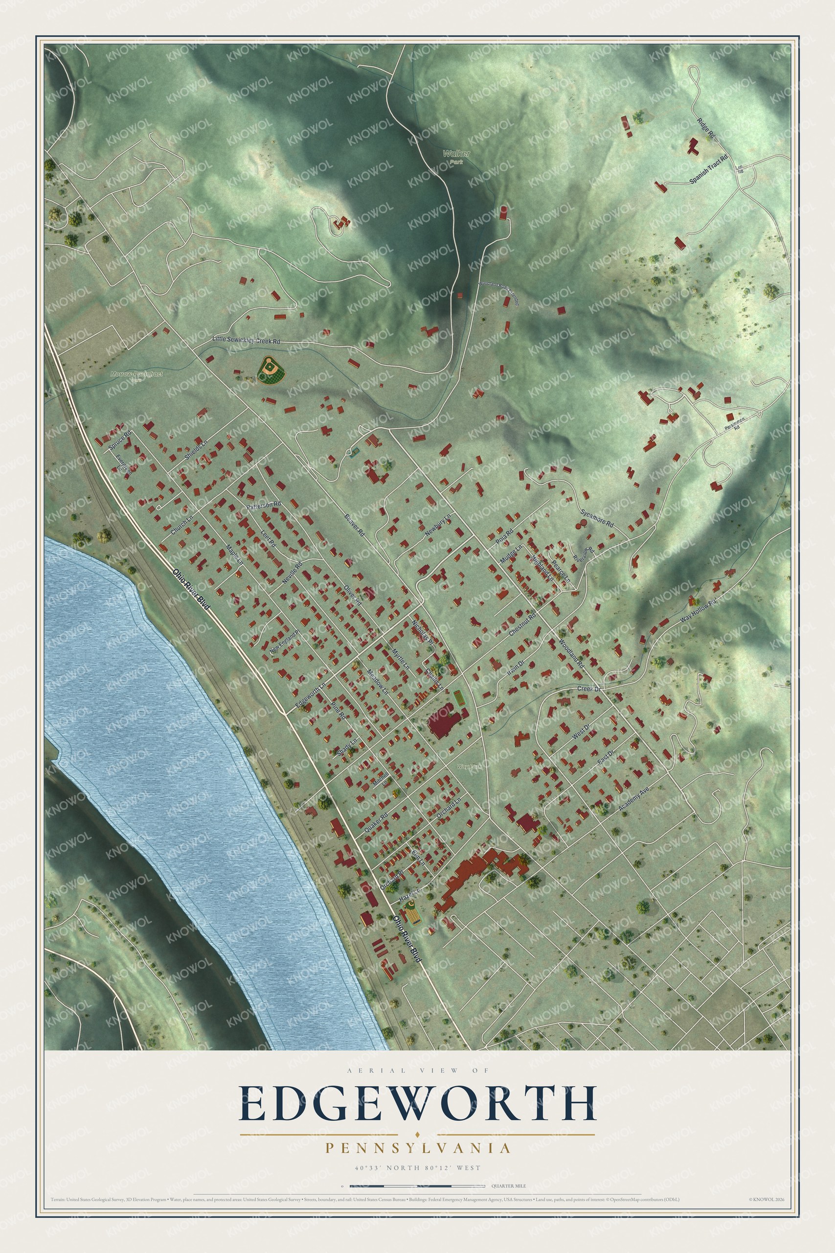 Full map of Edgeworth, Pennsylvania, with red buildings, printed street names and the land around them