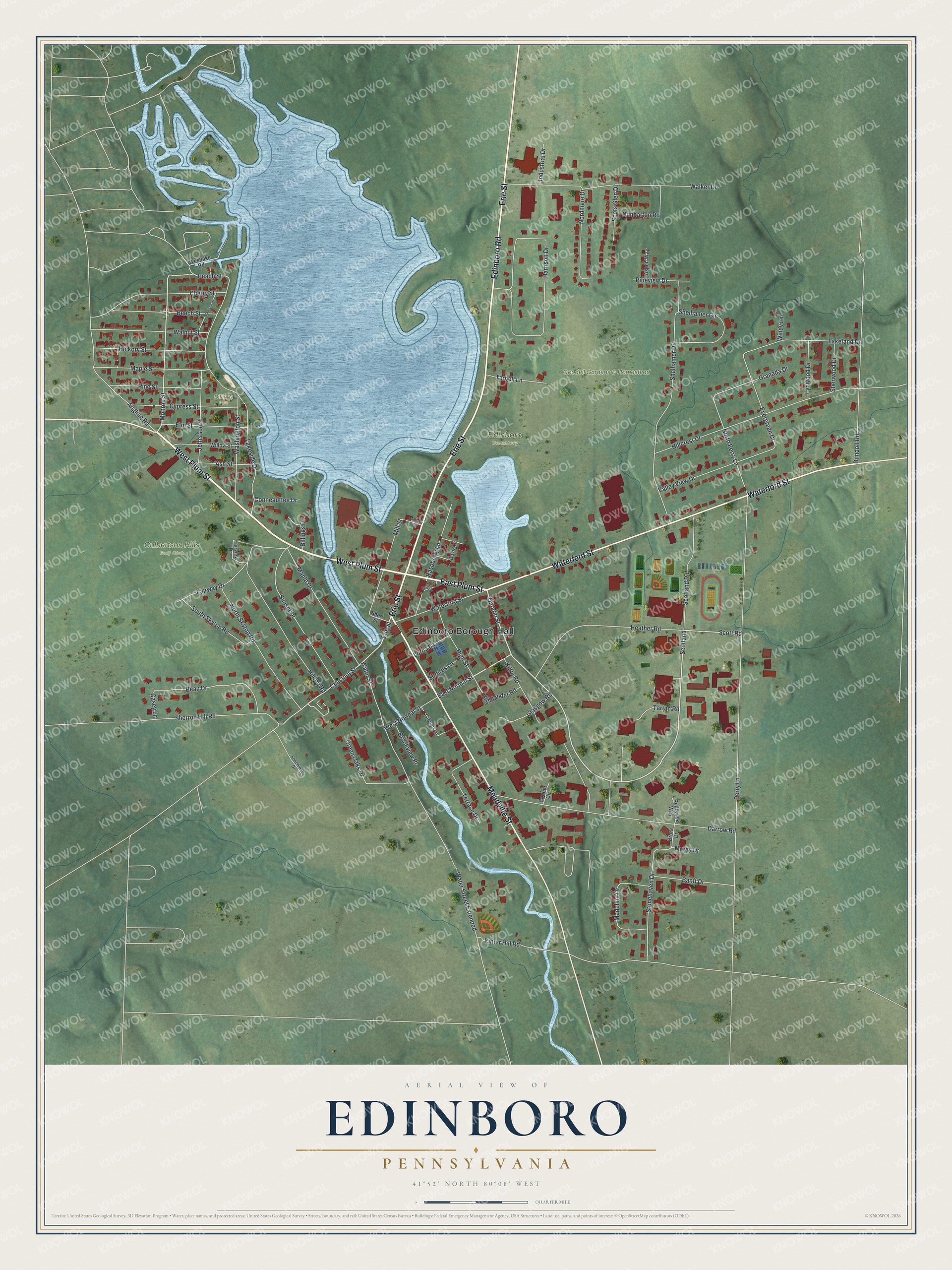 Full map of Edinboro, Pennsylvania, with red buildings, printed street names and the land around them