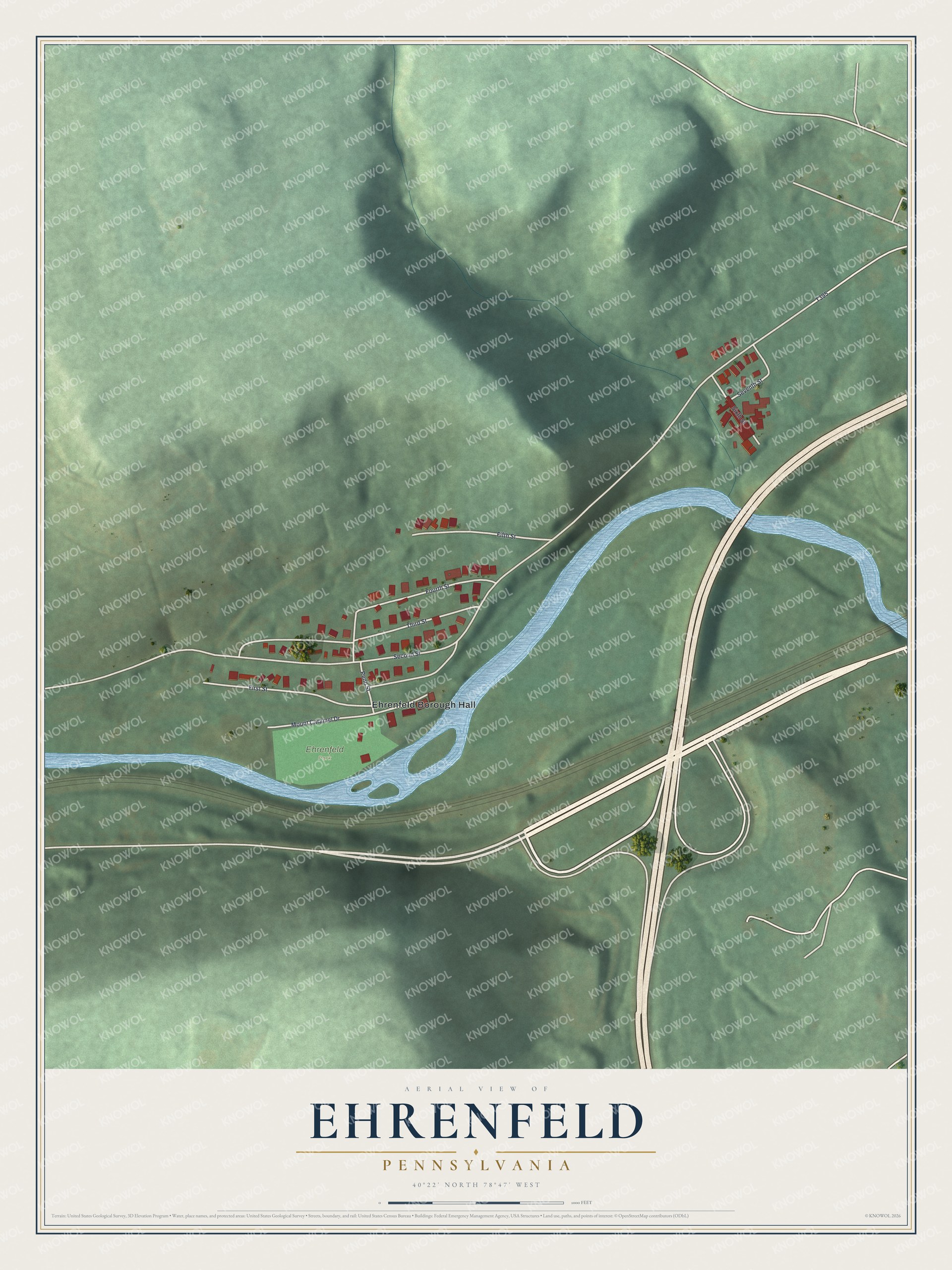 Full map of Ehrenfeld, Pennsylvania, with red buildings, printed street names and the land around them