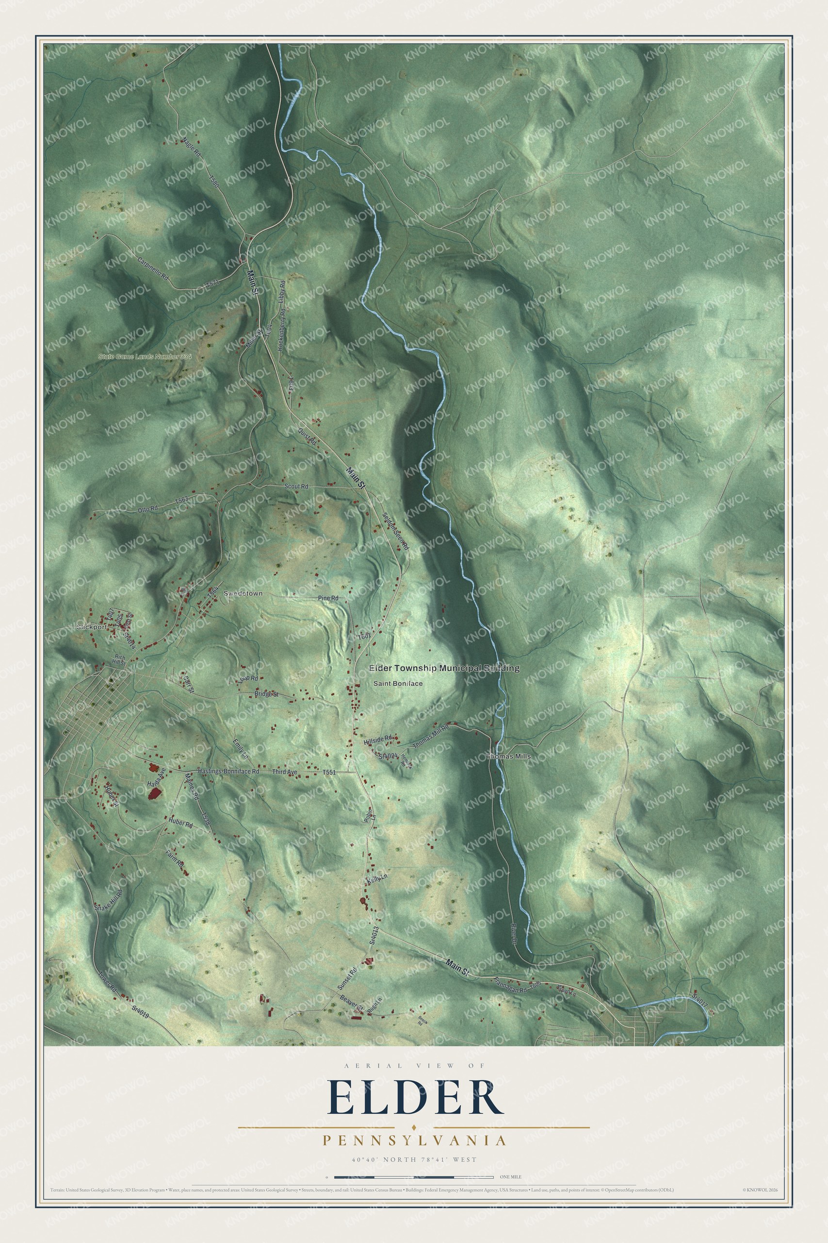 Full map of Elder, Pennsylvania, with red buildings, printed street names and the land around them