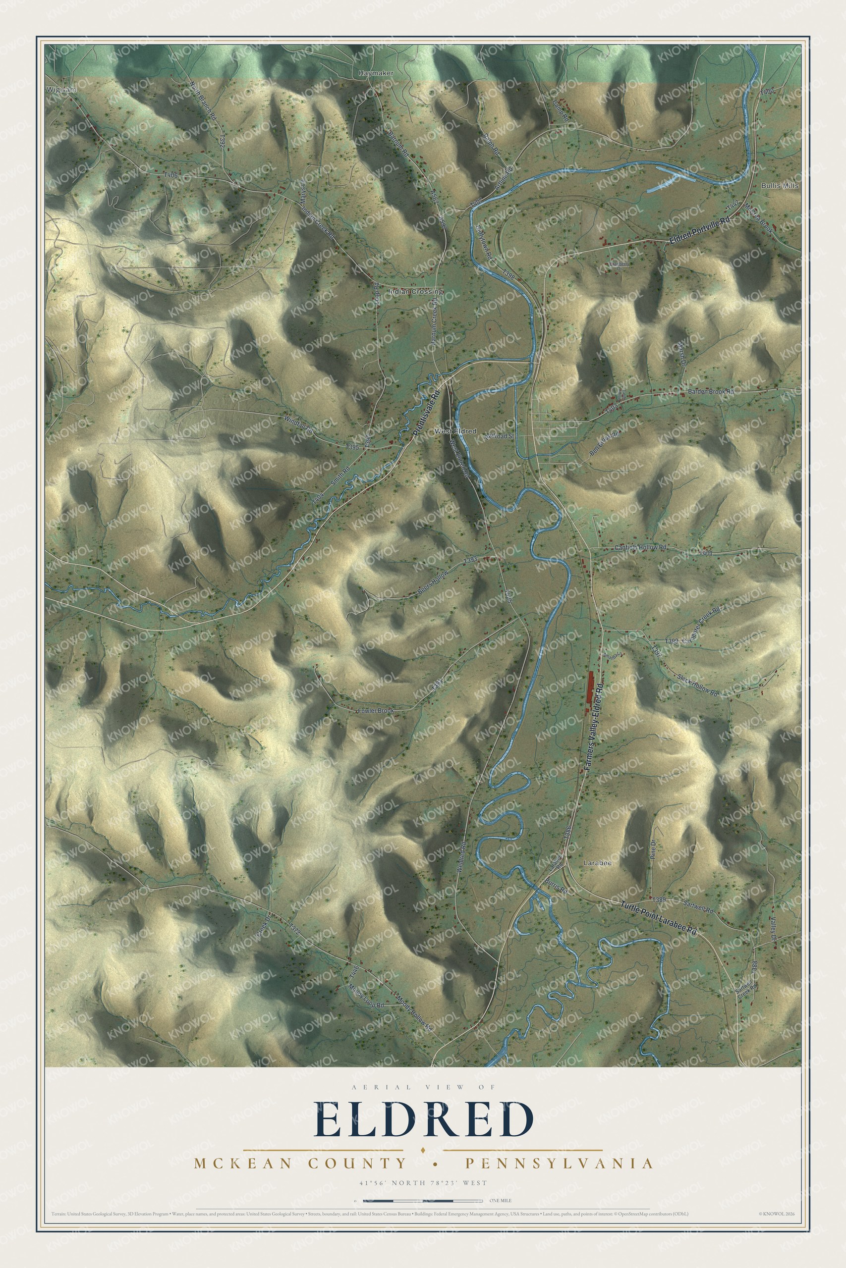 Full map of Eldred Township, McKean County, Pennsylvania, with red buildings, printed street names and the land around them