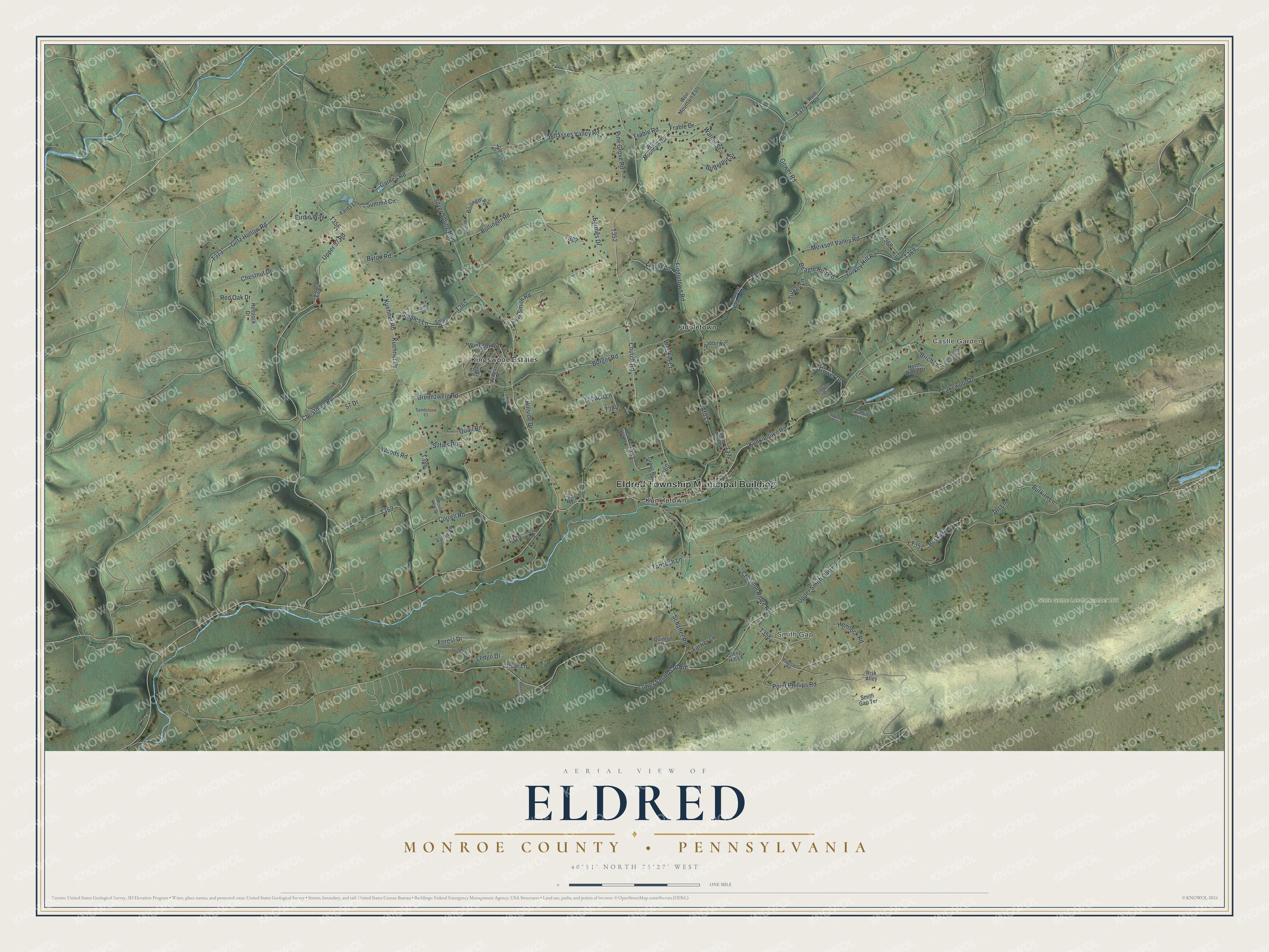 Full map of Eldred, Monroe County, Pennsylvania, with red buildings, printed street names and the land around them