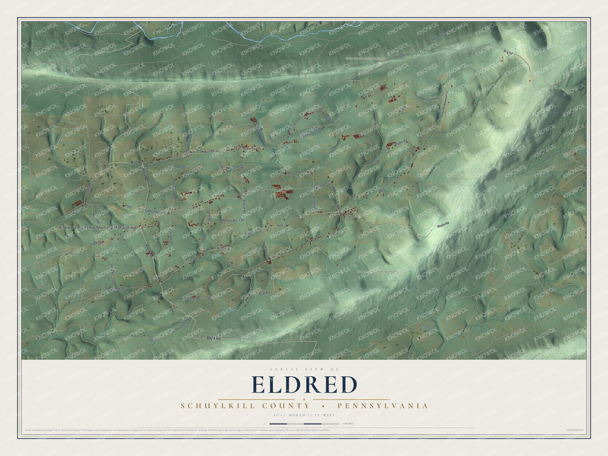 Full map of Eldred, Schuylkill County, Pennsylvania, with red buildings, printed street names and the land around them