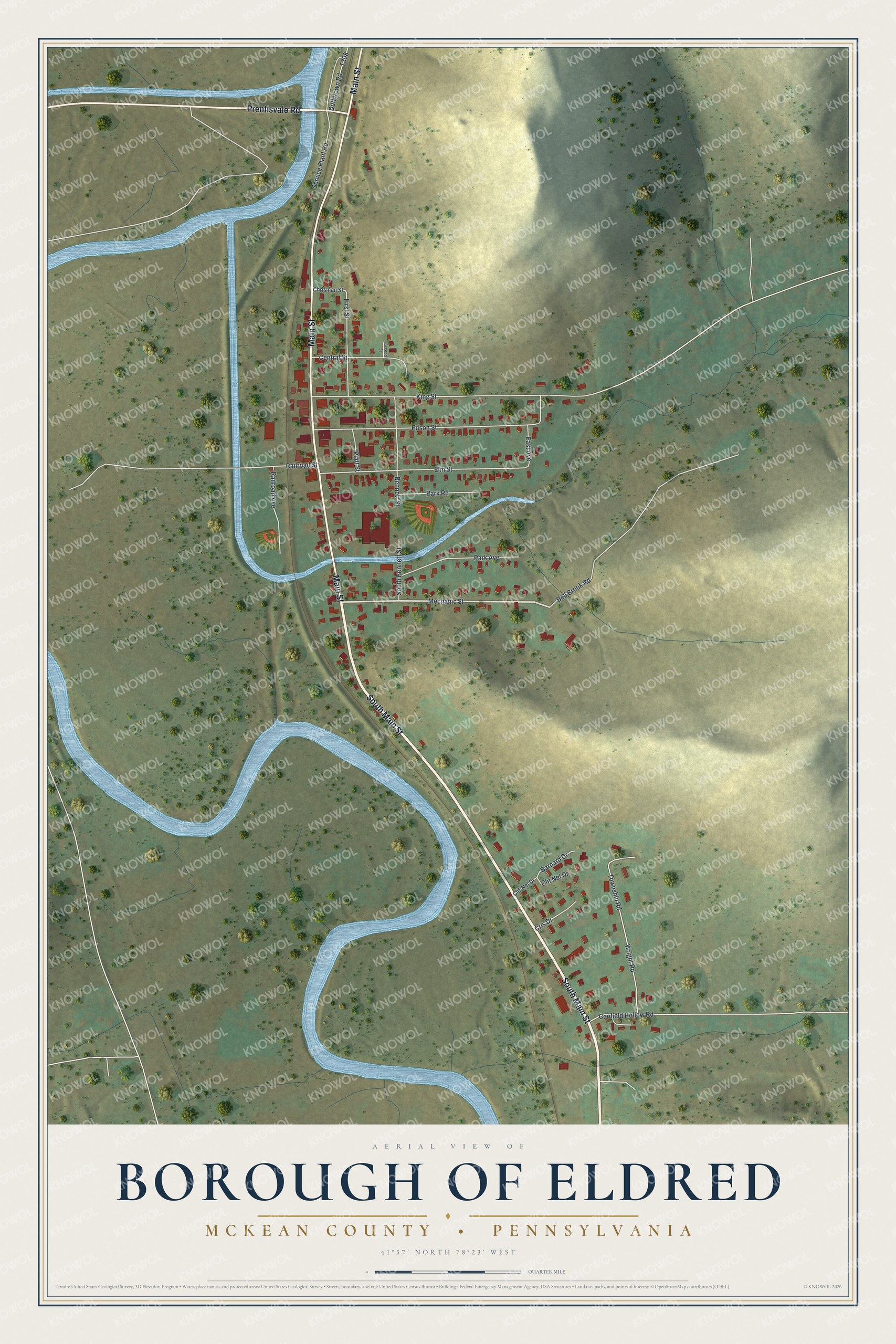 Full map of Eldred Borough, McKean County, Pennsylvania, with red buildings, printed street names and the land around them