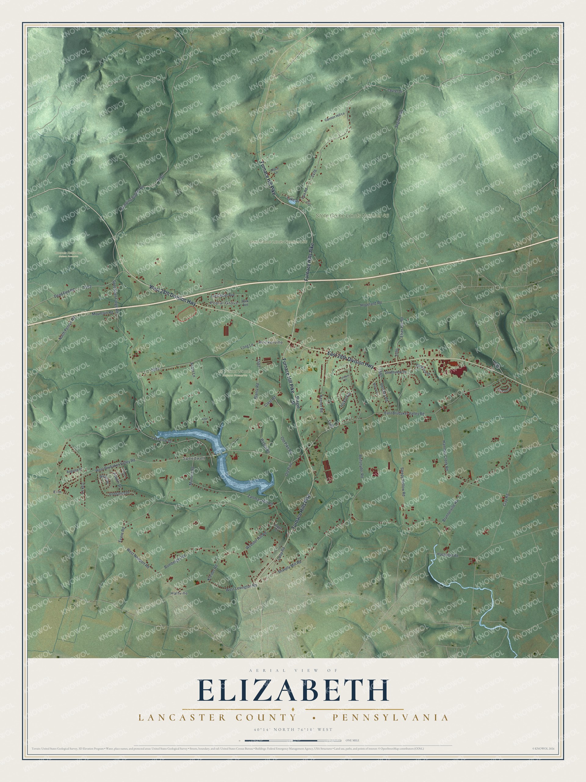 Full map of Elizabeth, Lancaster County, Pennsylvania, with red buildings, printed street names and the land around them