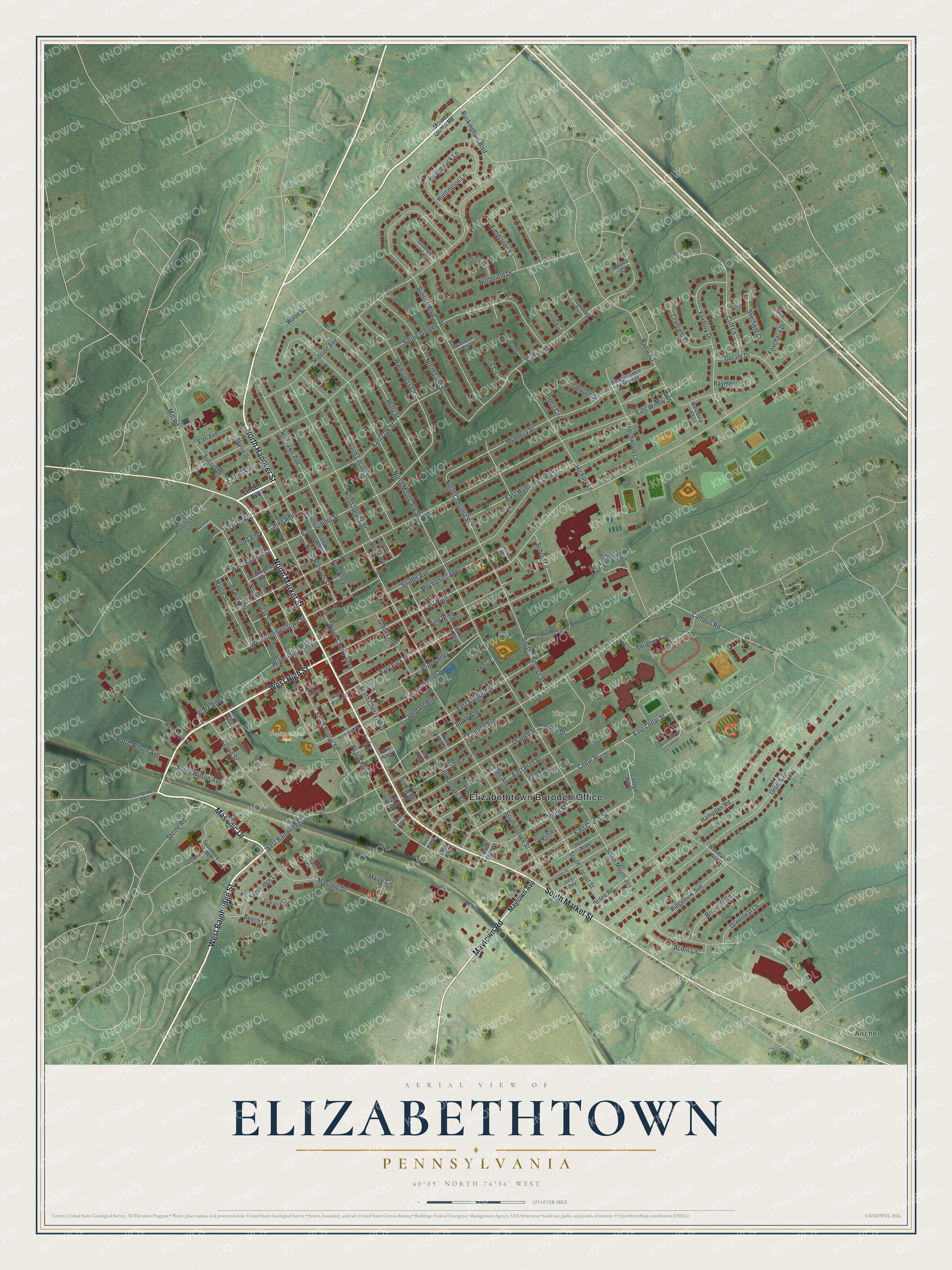 Full map of Elizabethtown, Pennsylvania, with red buildings, printed street names and the land around them