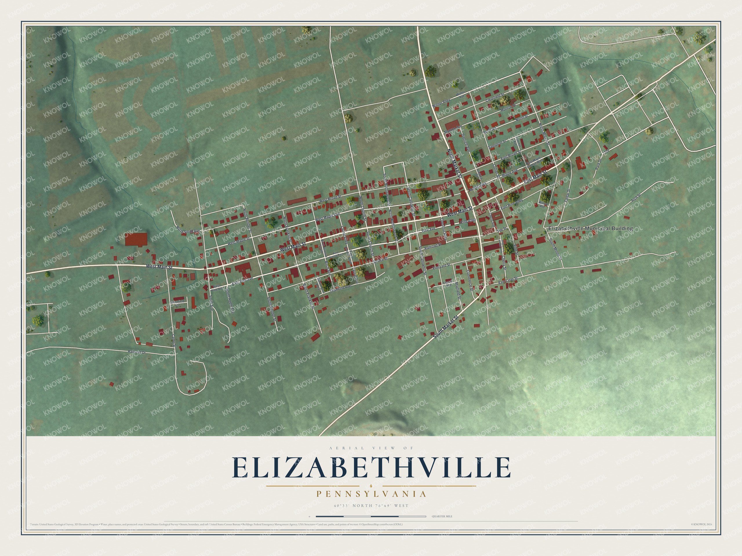 Full map of Elizabethville, Pennsylvania, with red buildings, printed street names and the land around them