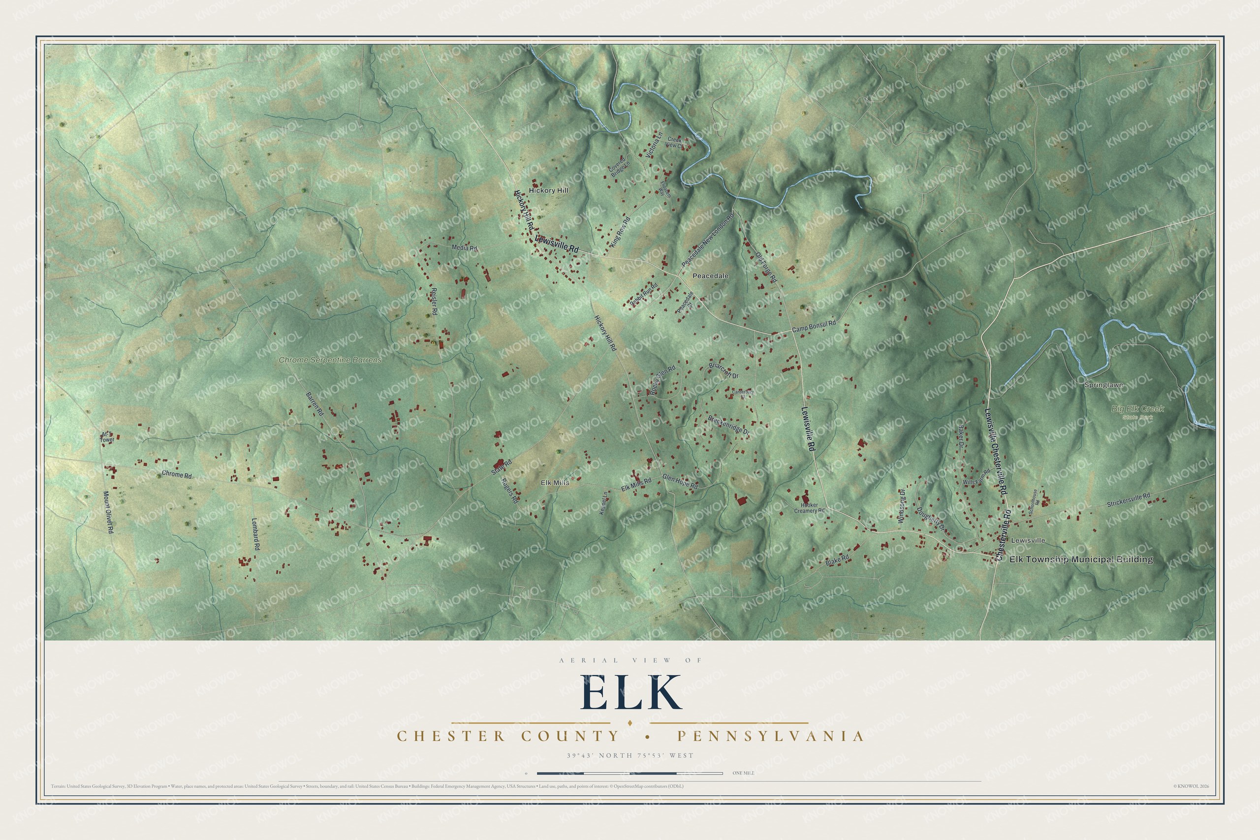 Full map of Elk, Chester County, Pennsylvania, with red buildings, printed street names and the land around them