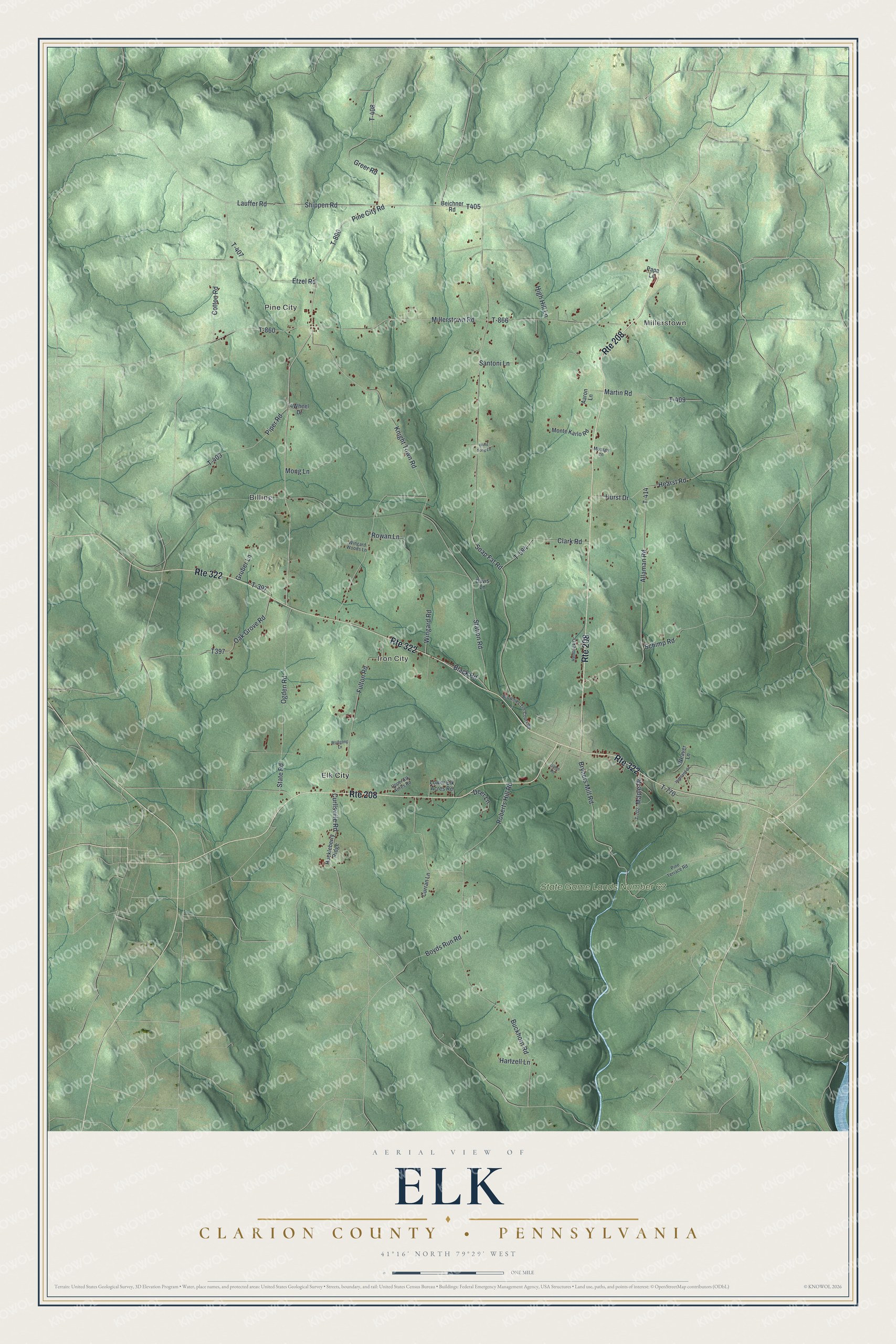 Full map of Elk, Clarion County, Pennsylvania, with red buildings, printed street names and the land around them