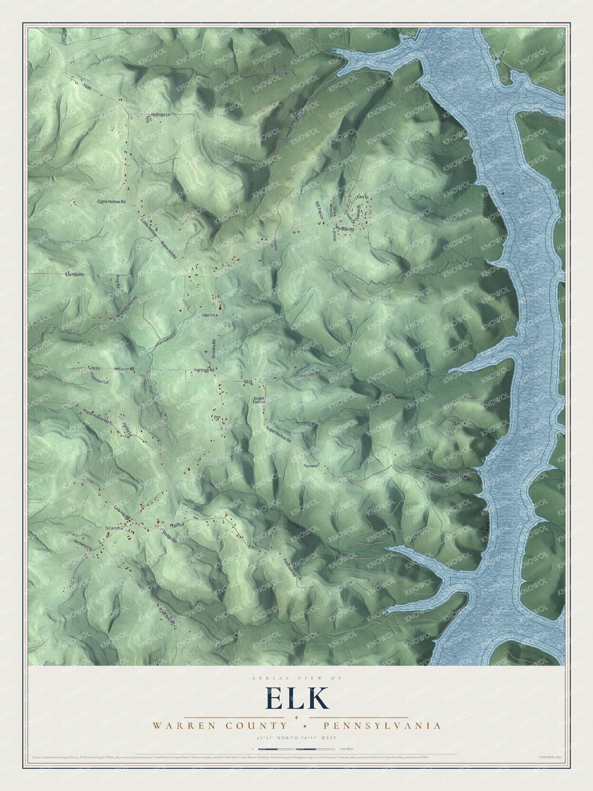 Full map of Elk, Warren County, Pennsylvania, with red buildings, printed street names and the land around them