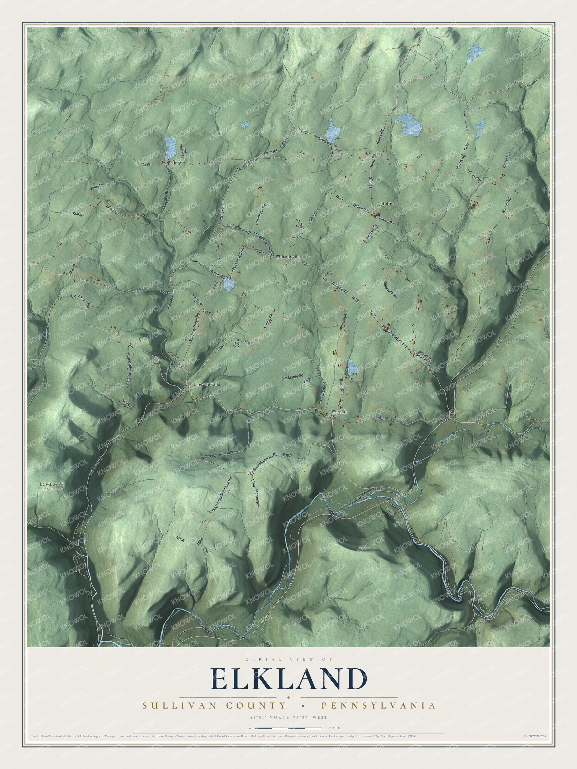 Full map of Elkland, Sullivan County, Pennsylvania, with red buildings, printed street names and the land around them