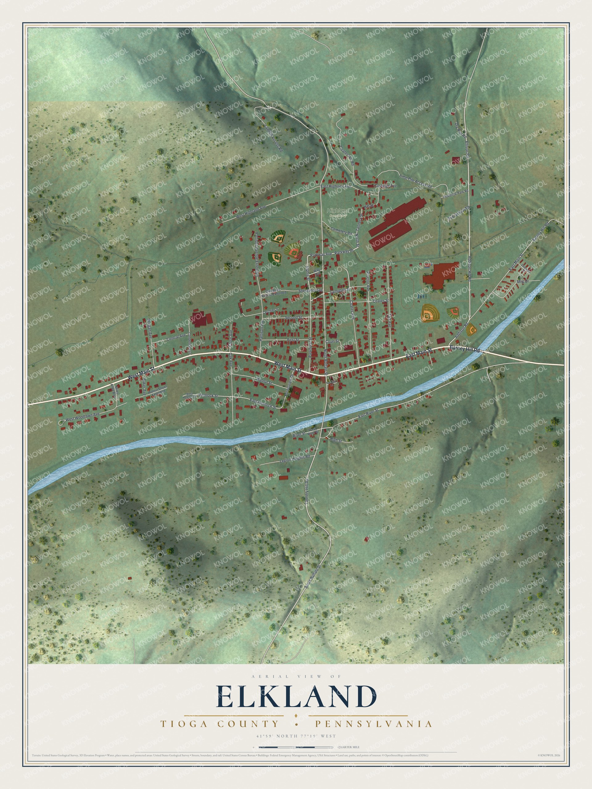 Full map of Elkland, Tioga County, Pennsylvania, with red buildings, printed street names and the land around them