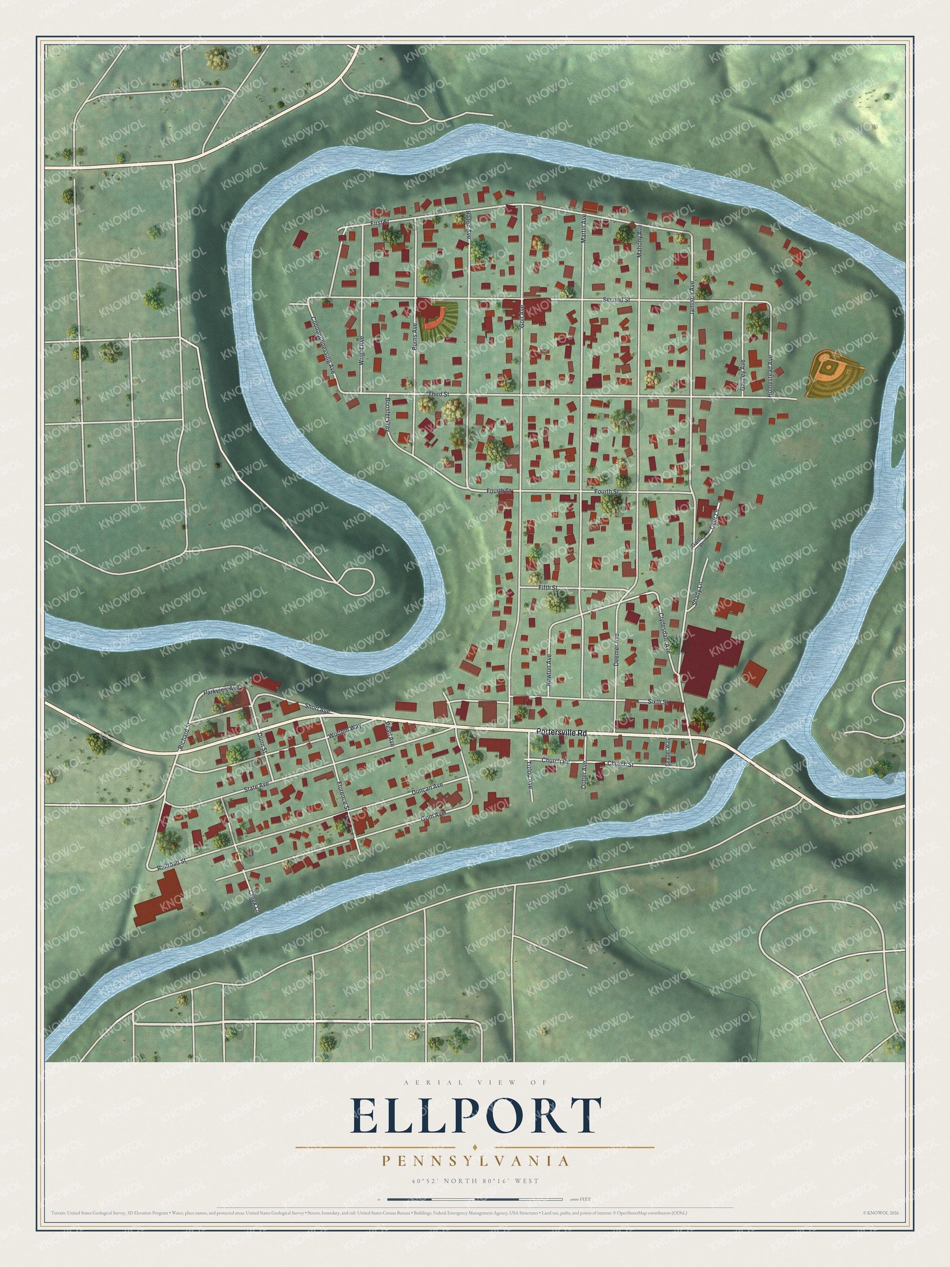 Full map of Ellport, Pennsylvania, with red buildings, printed street names and the land around them