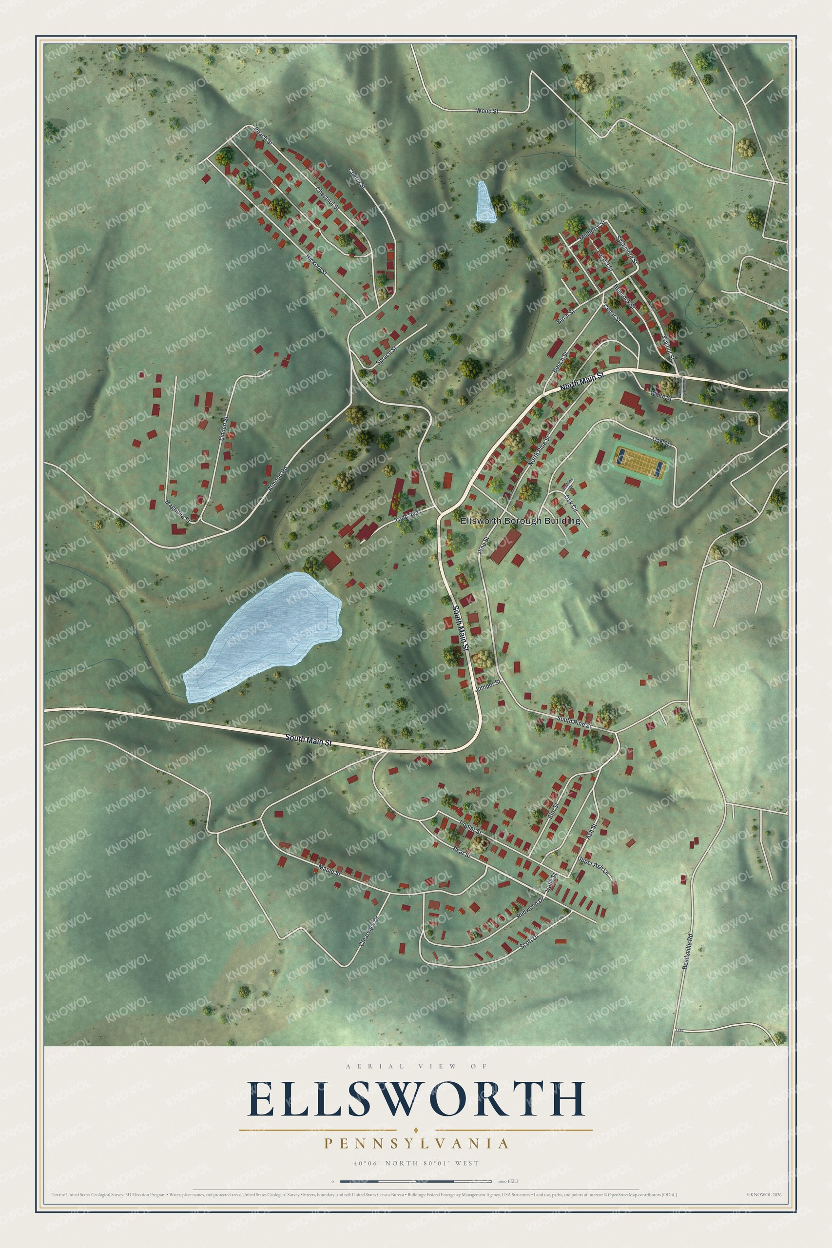 Full map of Ellsworth, Pennsylvania, with red buildings, printed street names and the land around them