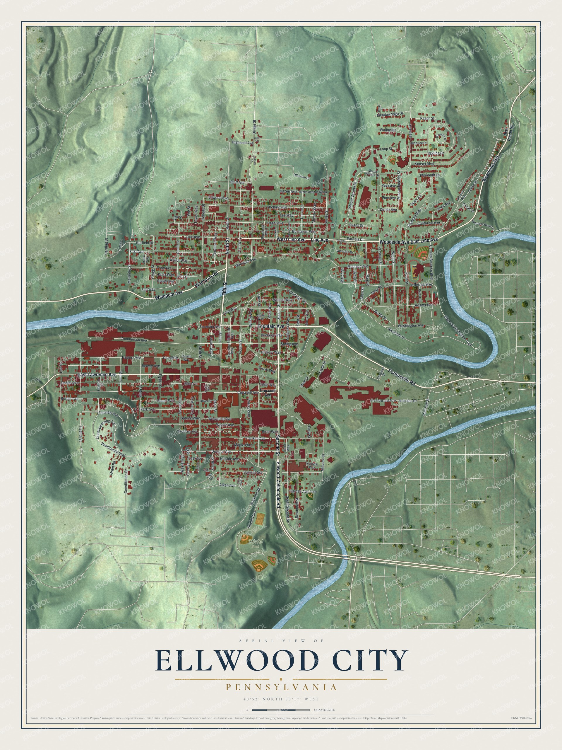Full map of Ellwood City, Pennsylvania, with red buildings, printed street names and the land around them