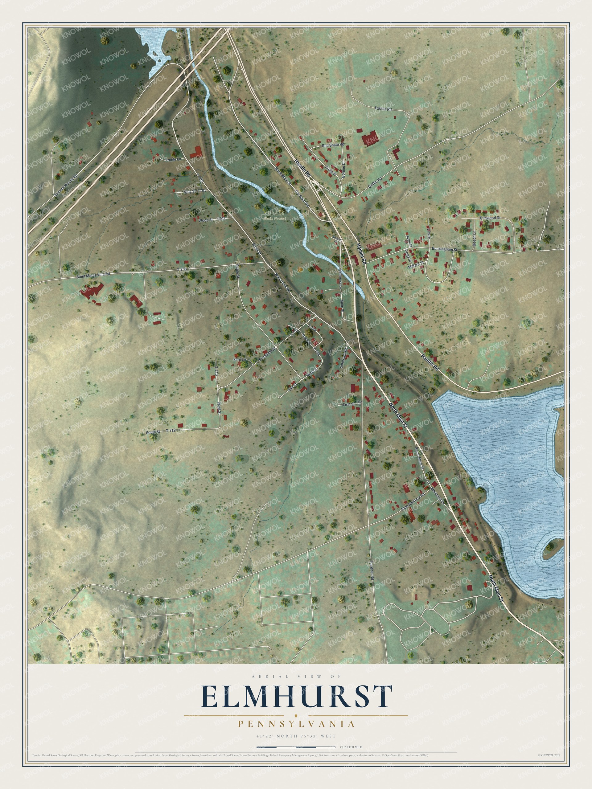 Full map of Elmhurst, Pennsylvania, with red buildings, printed street names and the land around them