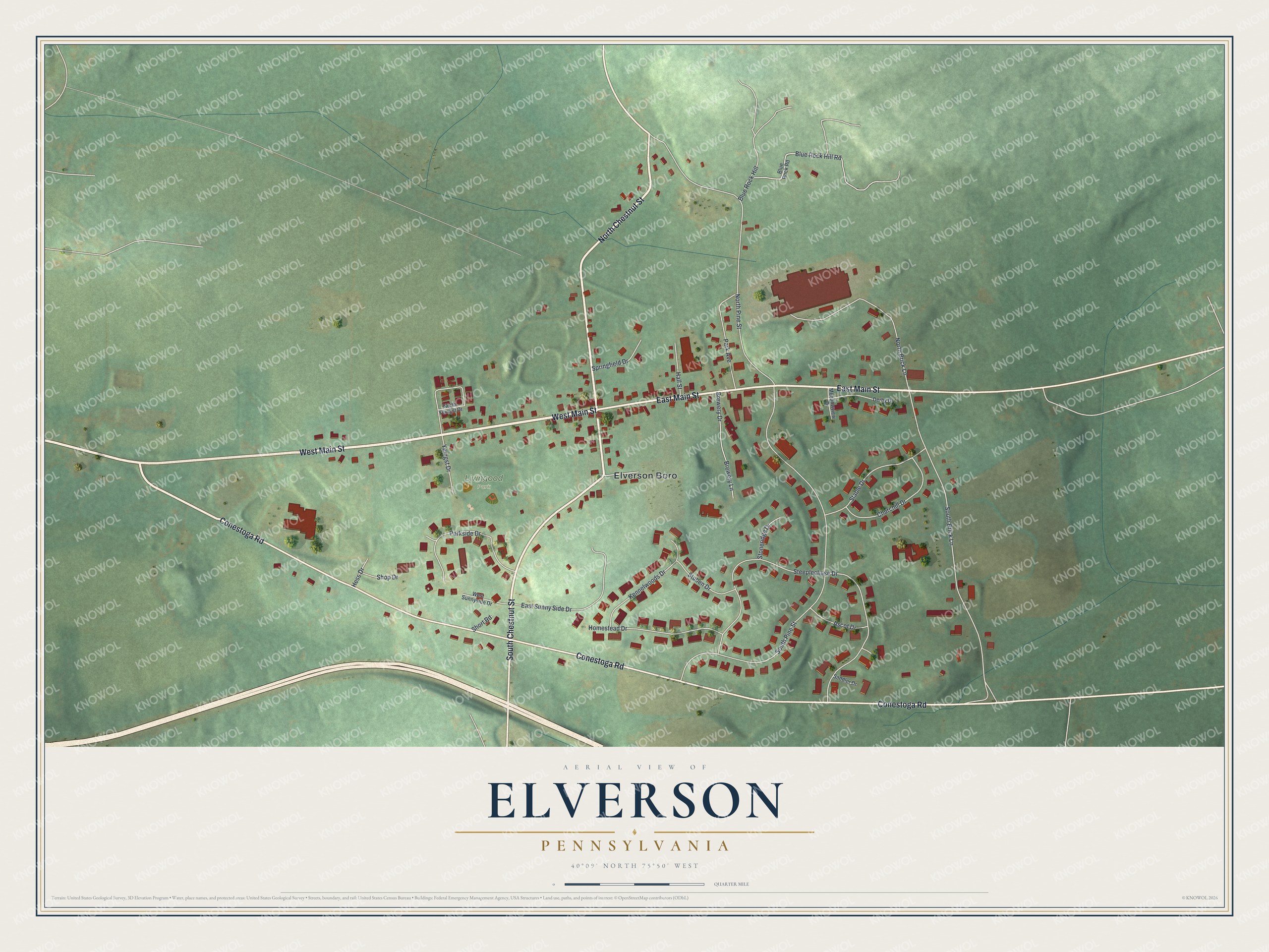 Full map of Elverson, Pennsylvania, with red buildings, printed street names and the land around them
