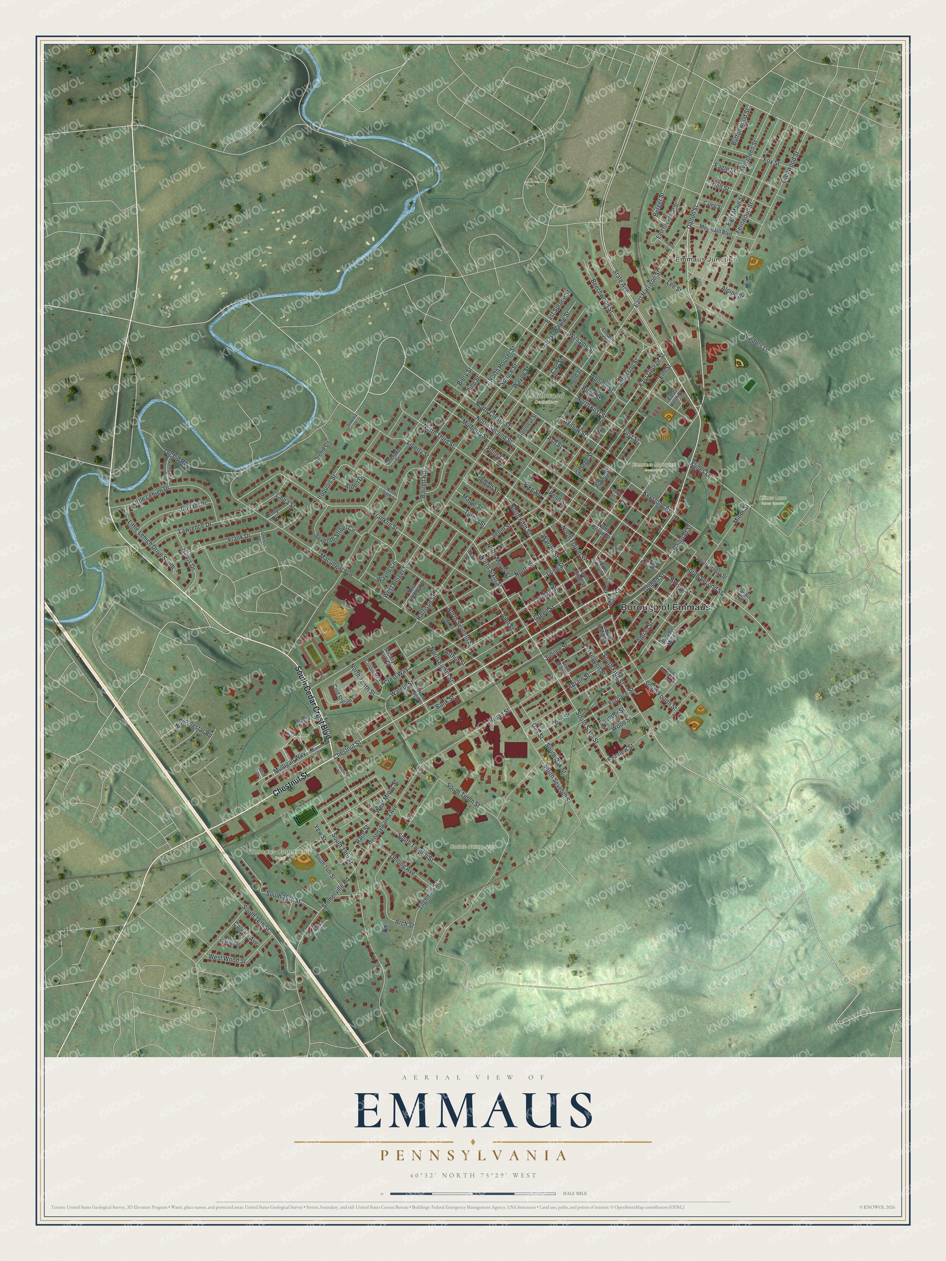 Full map of Emmaus, Pennsylvania, with red buildings, printed street names and the land around them
