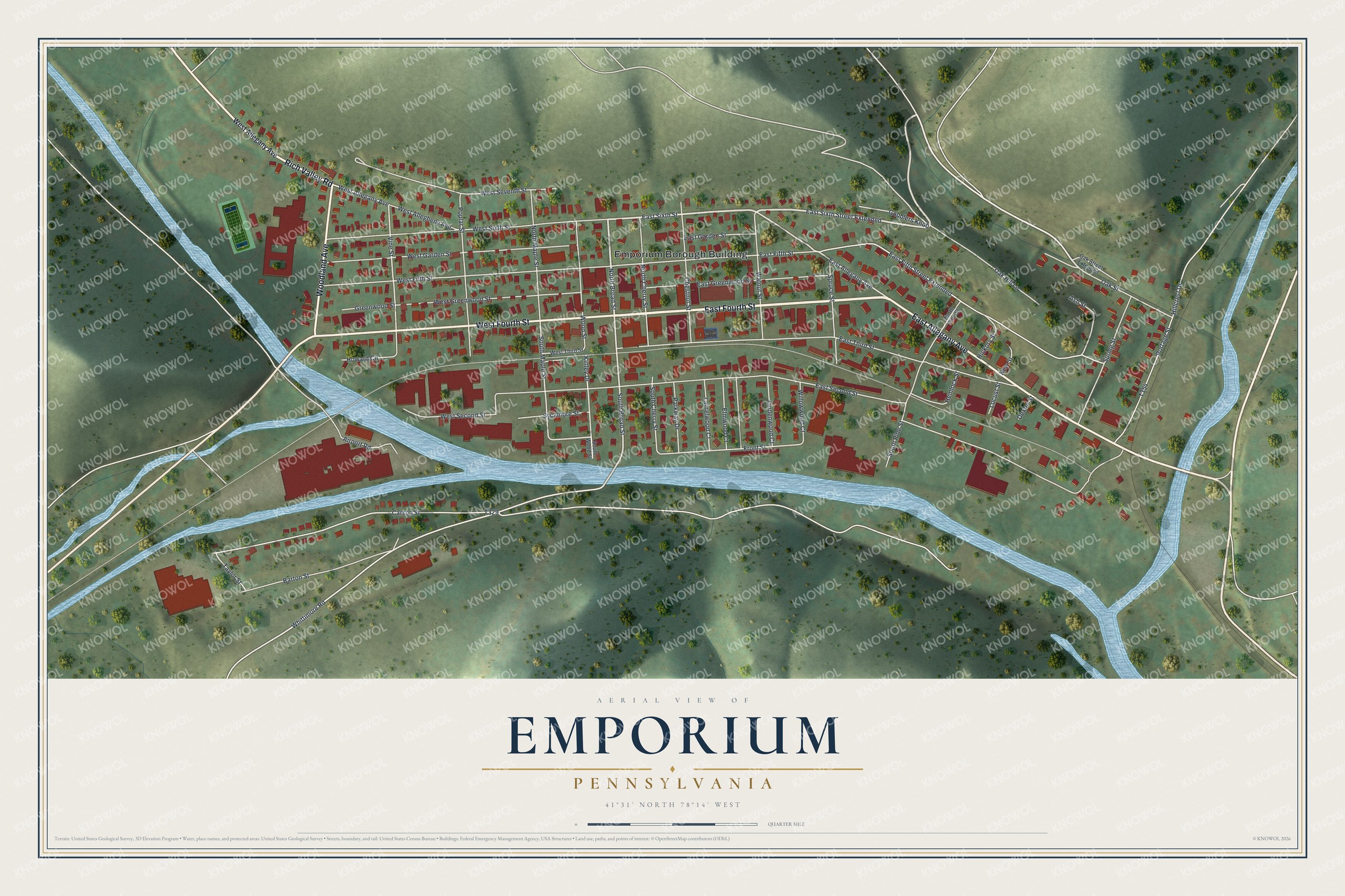 Full map of Emporium, Pennsylvania, with red buildings, printed street names and the land around them