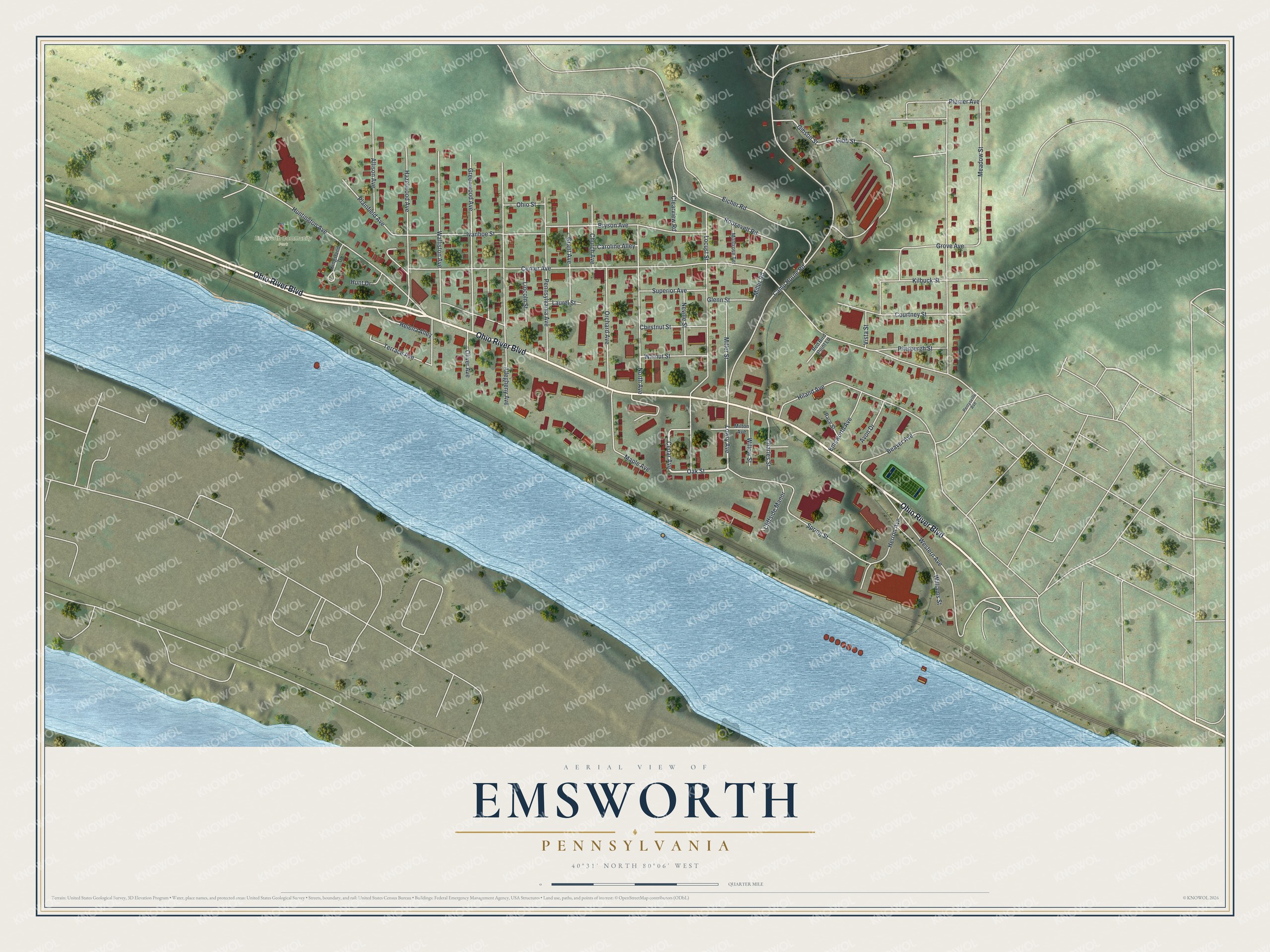 Full map of Emsworth, Pennsylvania, with red buildings, printed street names and the land around them