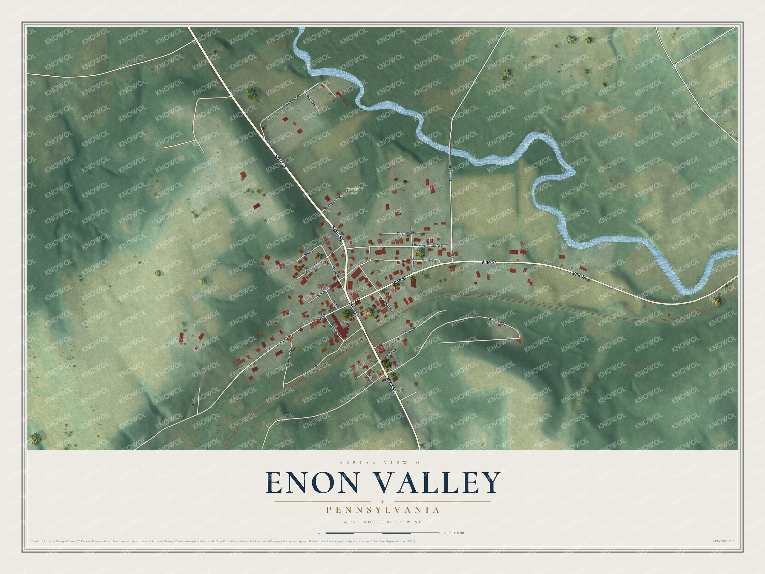 Full map of Enon Valley, Pennsylvania, with red buildings, printed street names and the land around them