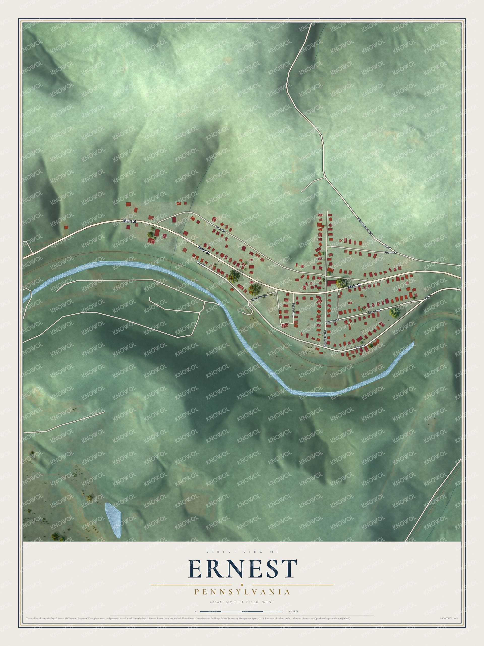 Full map of Ernest, Pennsylvania, with red buildings, printed street names and the land around them