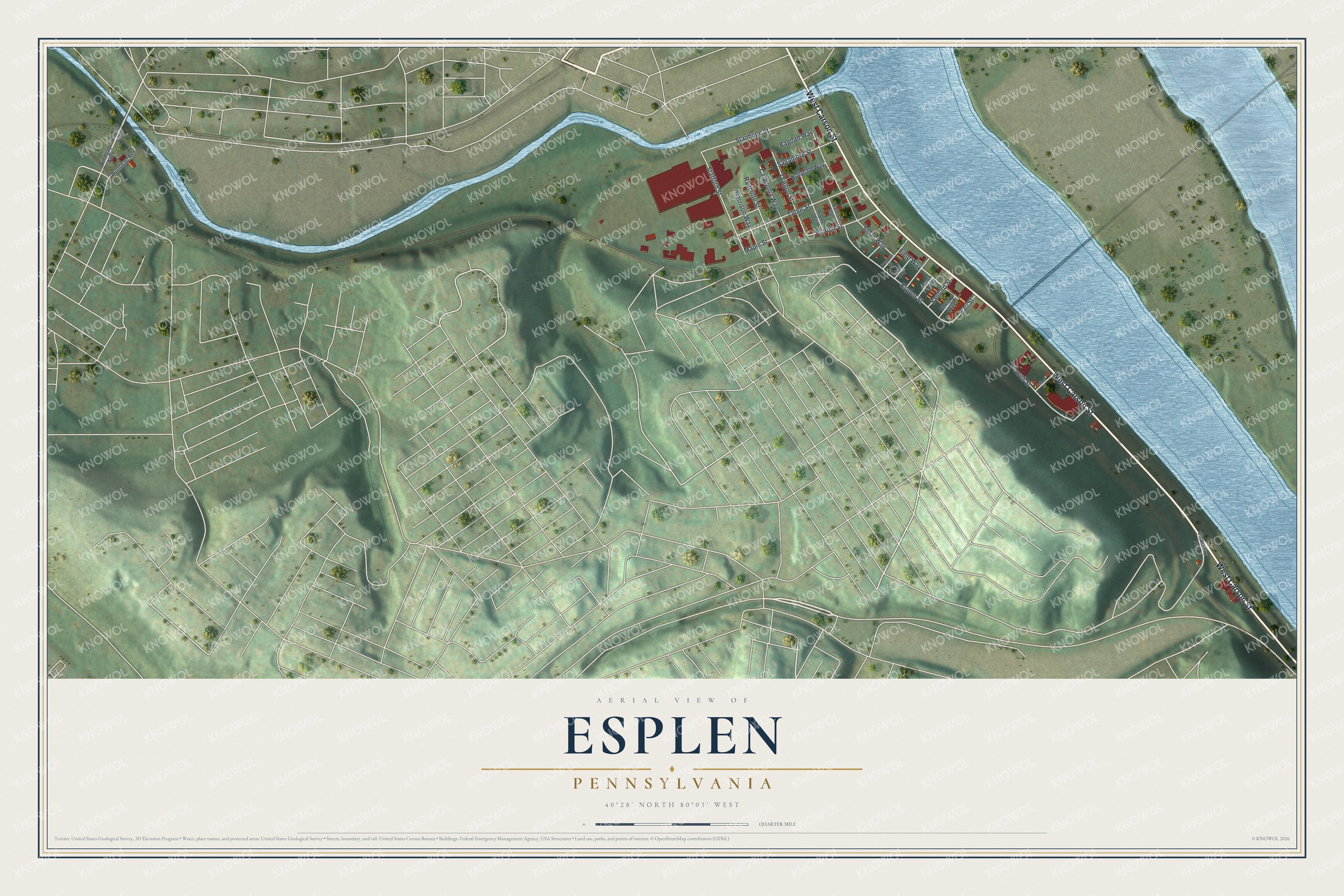 Aerial map of Esplen, Pennsylvania, with red buildings between a creek and a wide river below green hills