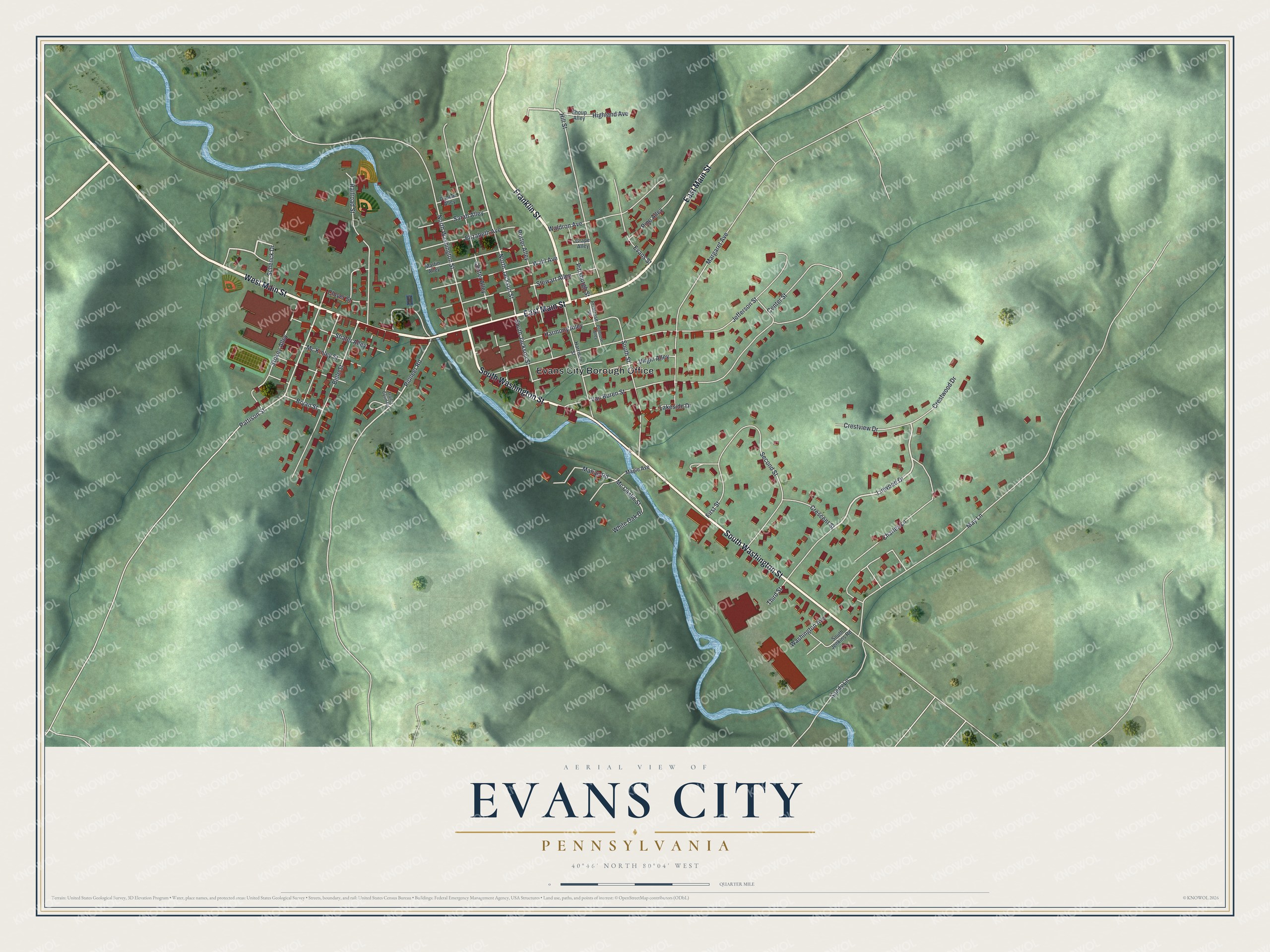 Full map of Evans City, Pennsylvania, with red buildings, printed street names and the land around them