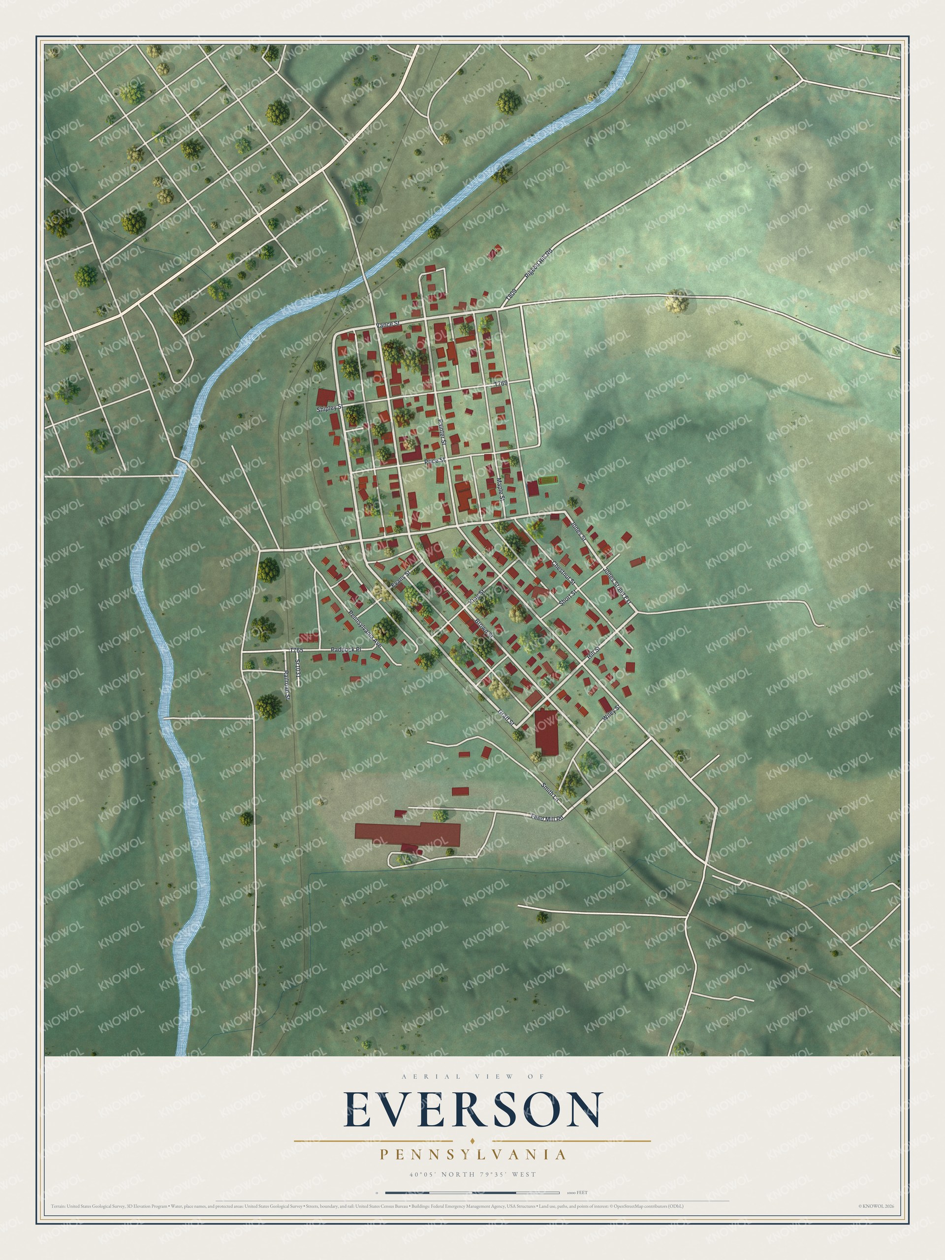 Full map of Everson, Pennsylvania, with red buildings, printed street names and the land around them