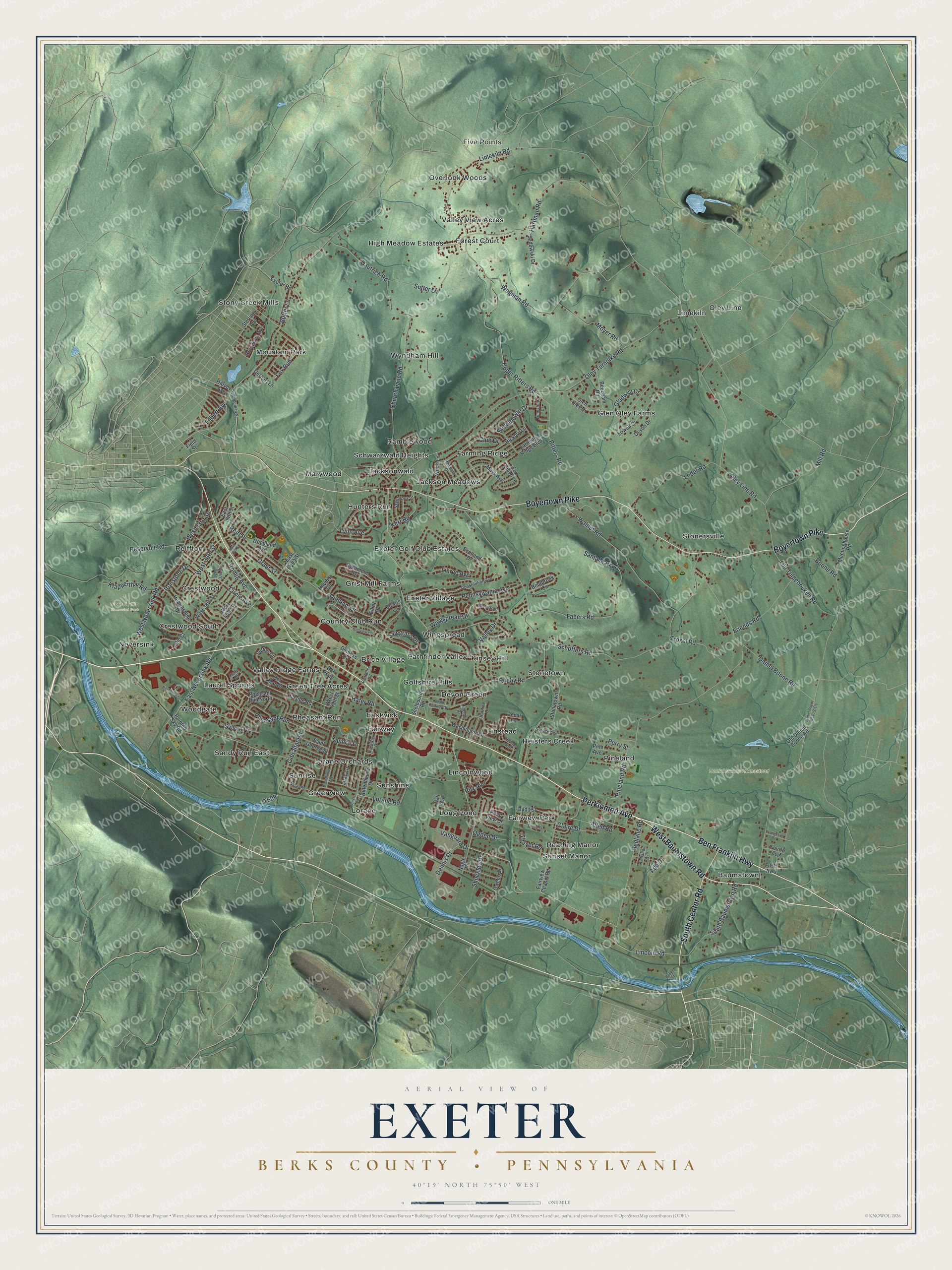 Full map of Exeter, Berks County, Pennsylvania, with red buildings, printed street names and the land around them