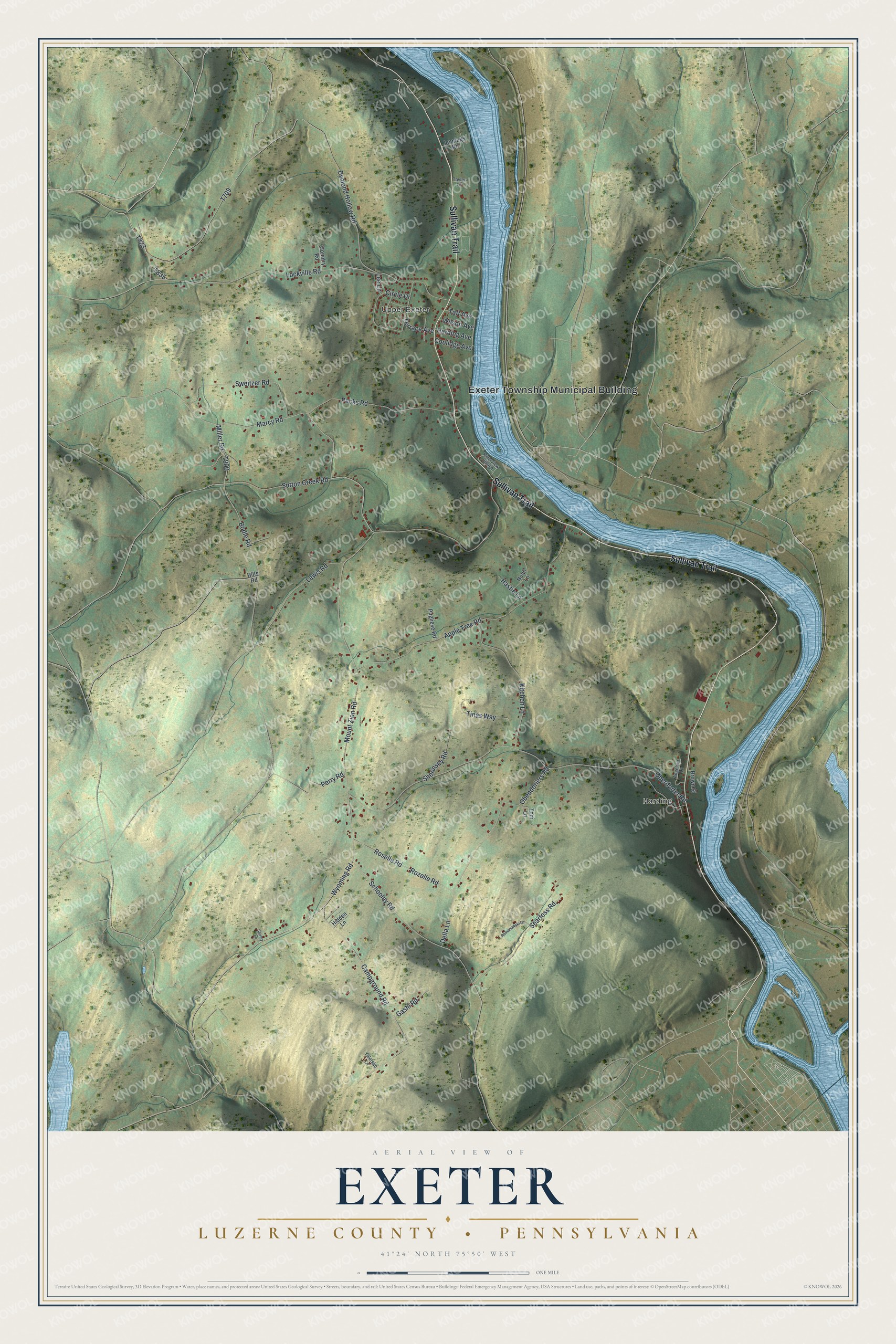 Full map of Exeter Township, Luzerne County, Pennsylvania, with red buildings, printed street names and the land around them