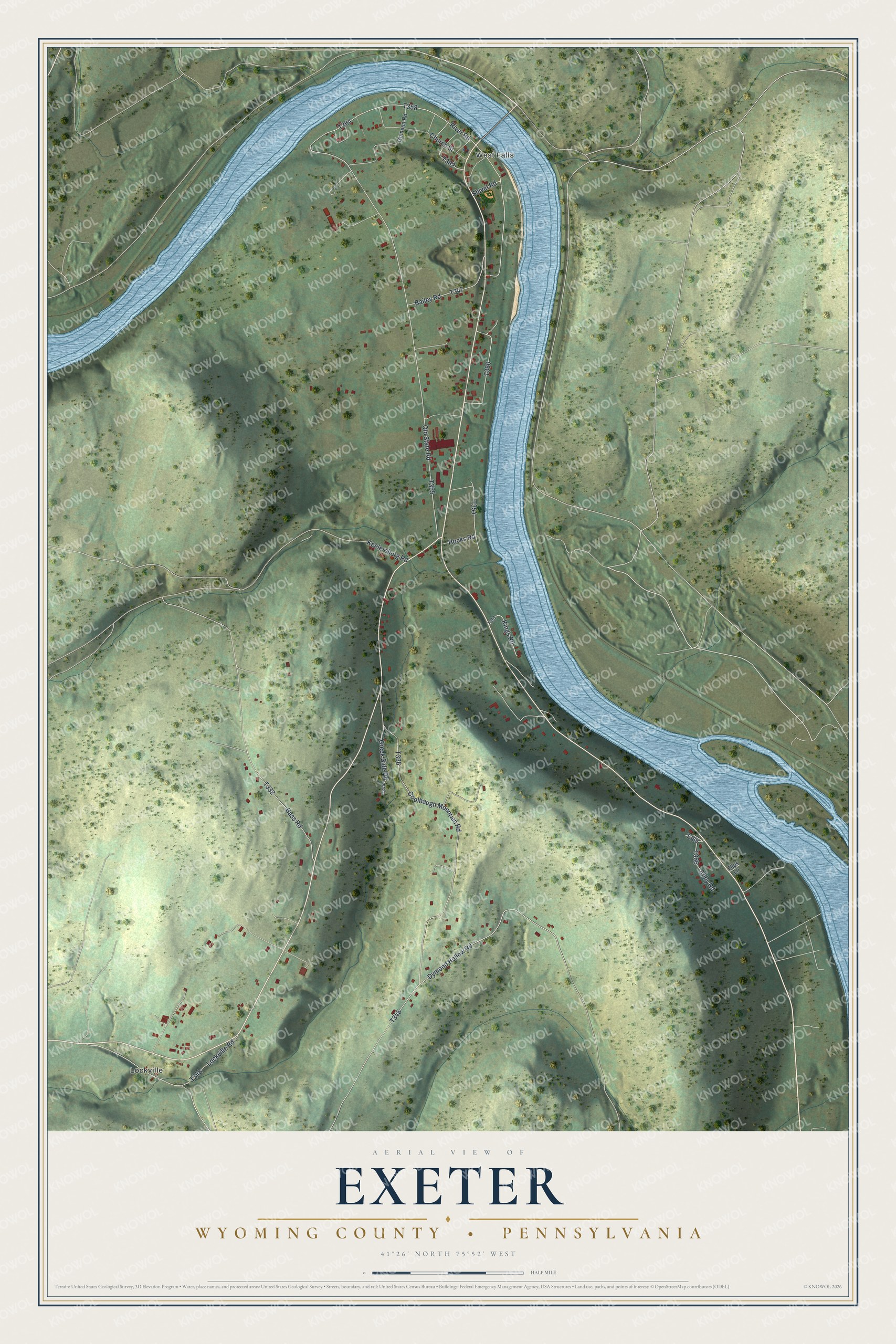 Full map of Exeter, Wyoming County, Pennsylvania, with red buildings, printed street names and the land around them
