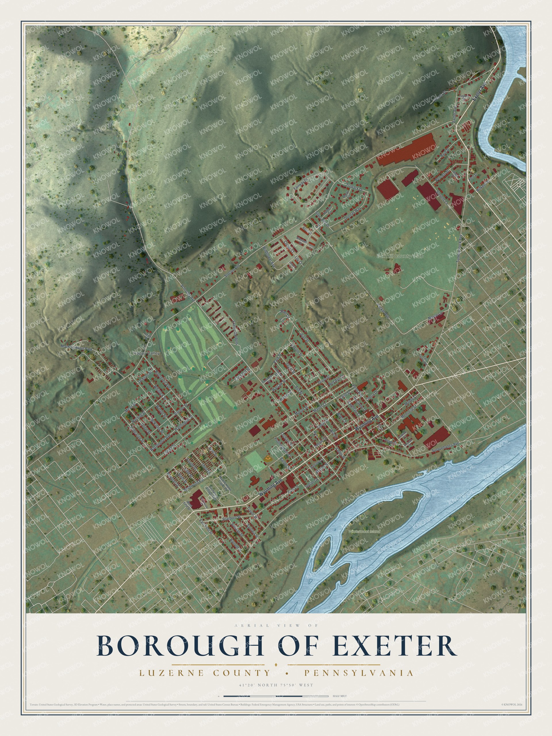 Full map of Exeter Borough, Luzerne County, Pennsylvania, with red buildings, printed street names and the land around them