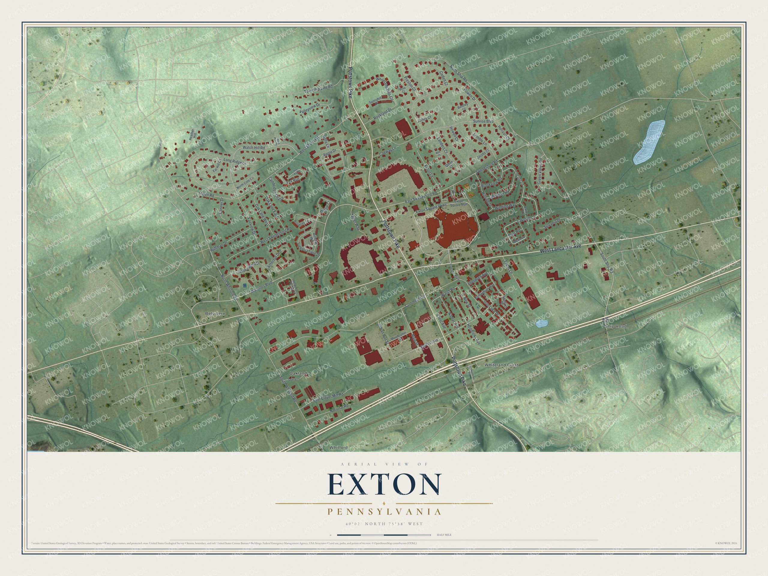 Full map of Exton, Pennsylvania, with red buildings, printed street names and the land around them