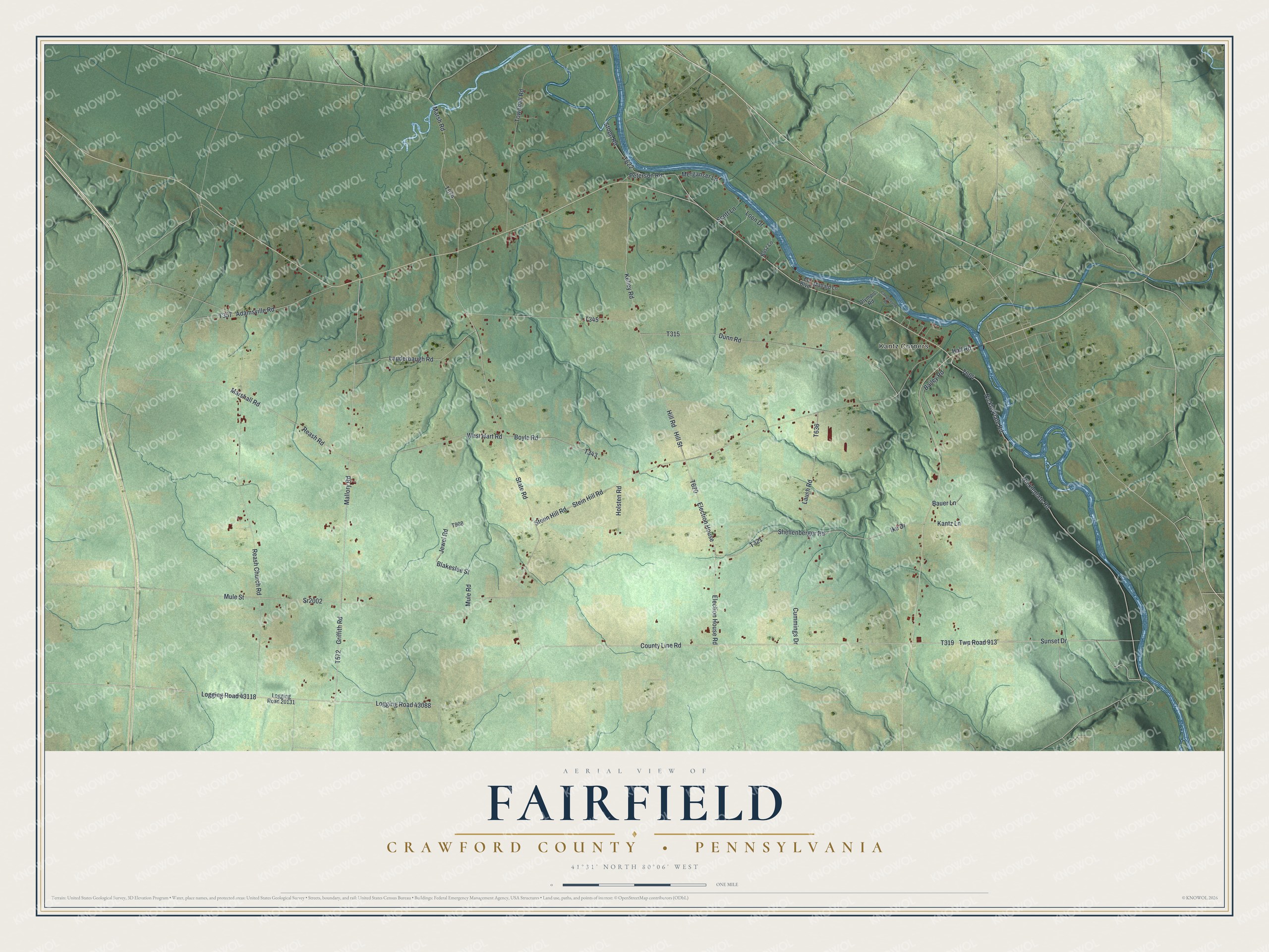 Full map of Fairfield, Crawford County, Pennsylvania, with red buildings, printed street names and the land around them