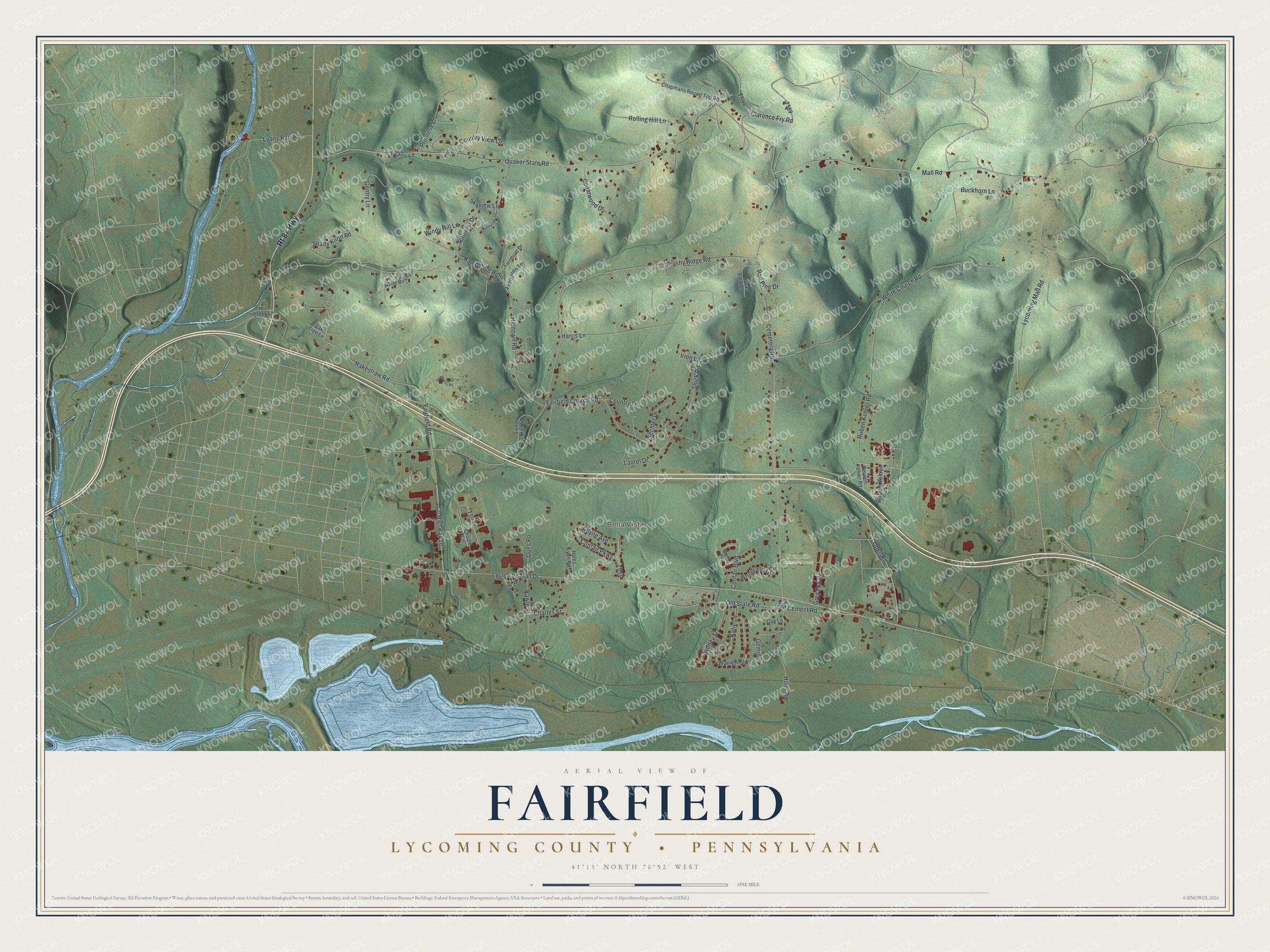 Full map of Fairfield, Lycoming County, Pennsylvania, with red buildings, printed street names and the land around them