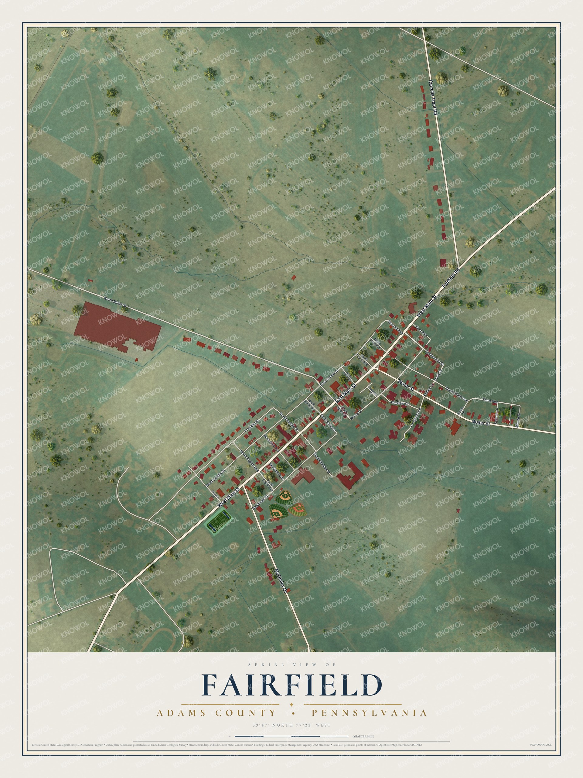 Full map of Fairfield, Adams County, Pennsylvania, with red buildings, printed street names and the land around them