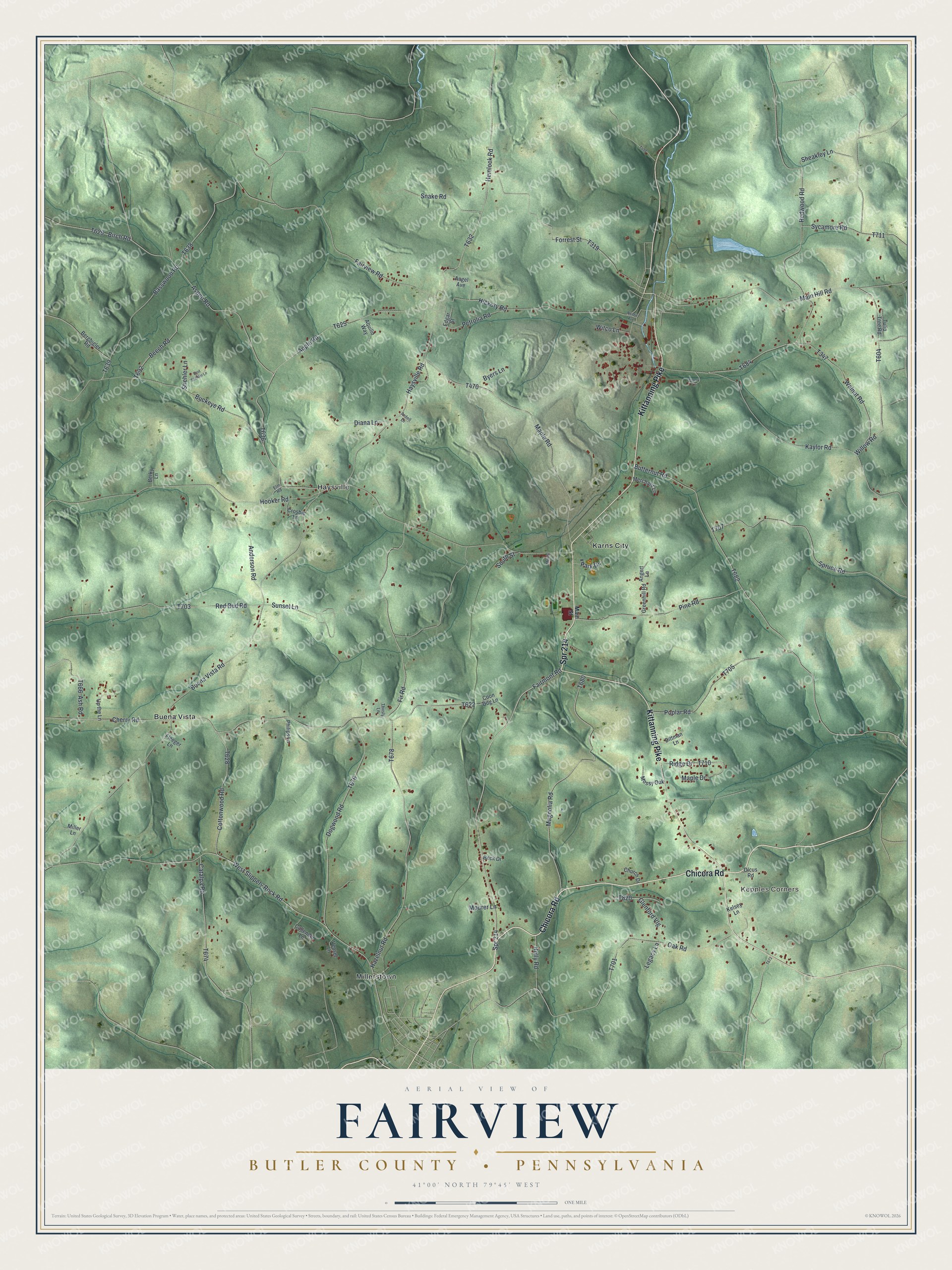 Full map of Fairview Township, Butler County, Pennsylvania, with red buildings, printed street names and the land around them